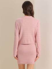 2 Pieces Stretch Textured Knit Cropped Jacket and Mini Skirt Suit Sets