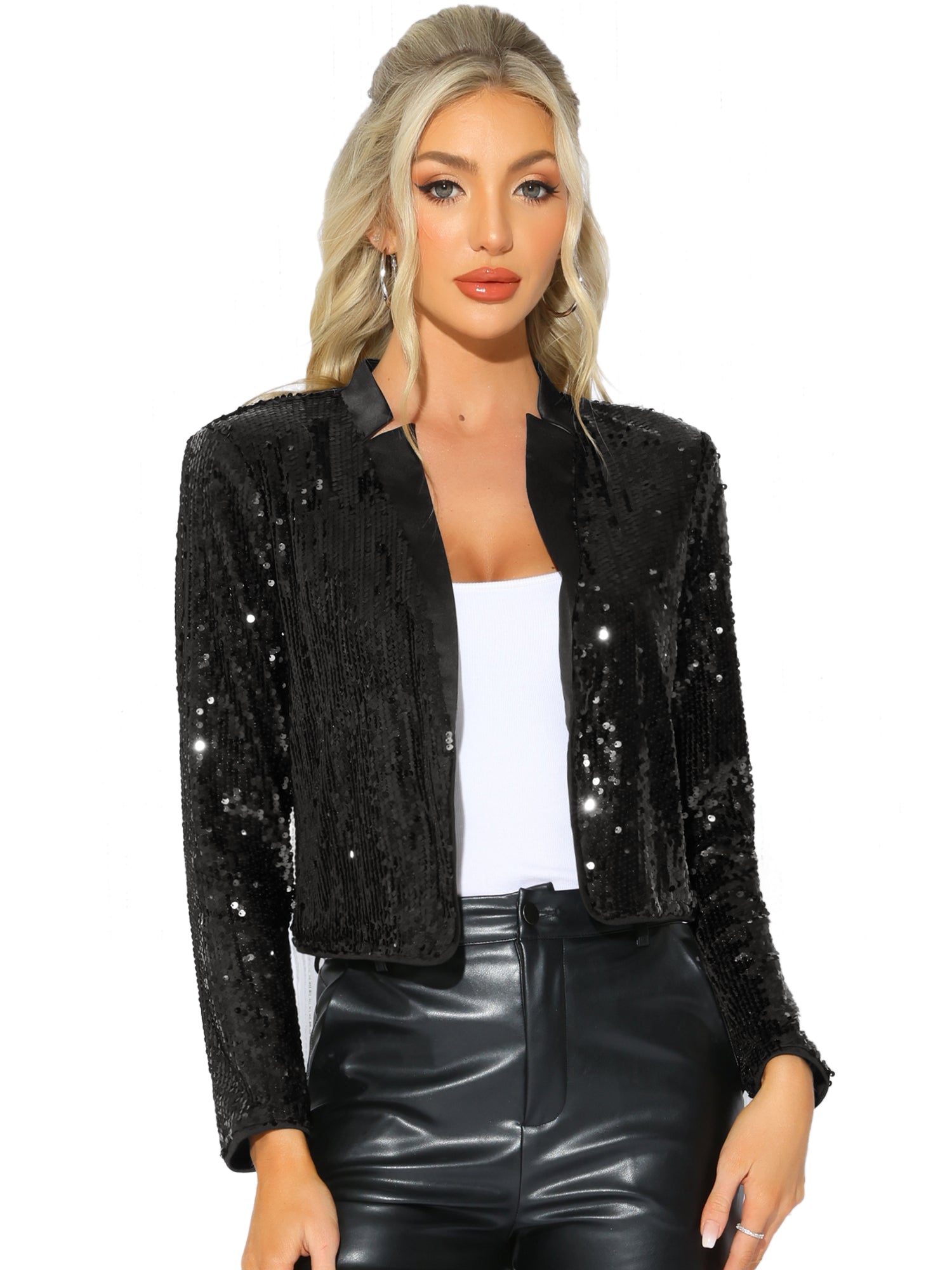 Sequin Long Sleeve Open Front Sparkle Glitter Crop Jacket