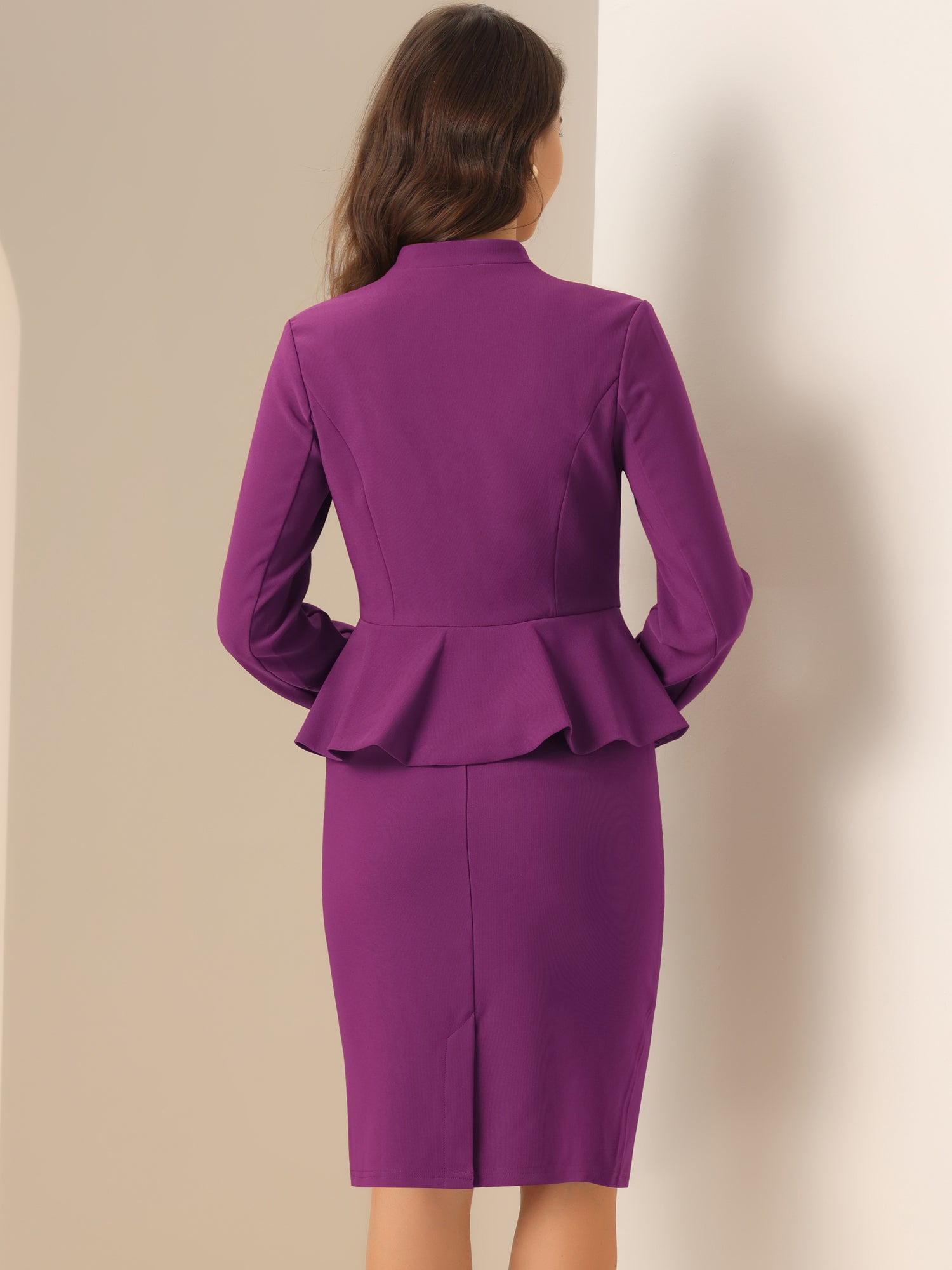 2 Piece Long Sleeve Collarless Peplum Blazer and Pencil Skirt Work Suit Set