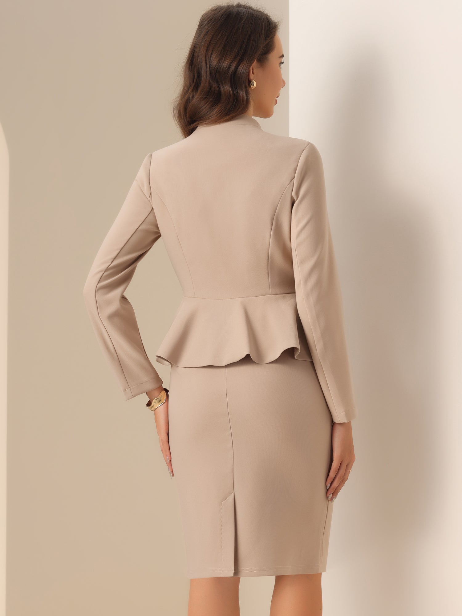 2 Piece Long Sleeve Collarless Peplum Blazer and Pencil Skirt Work Suit Set