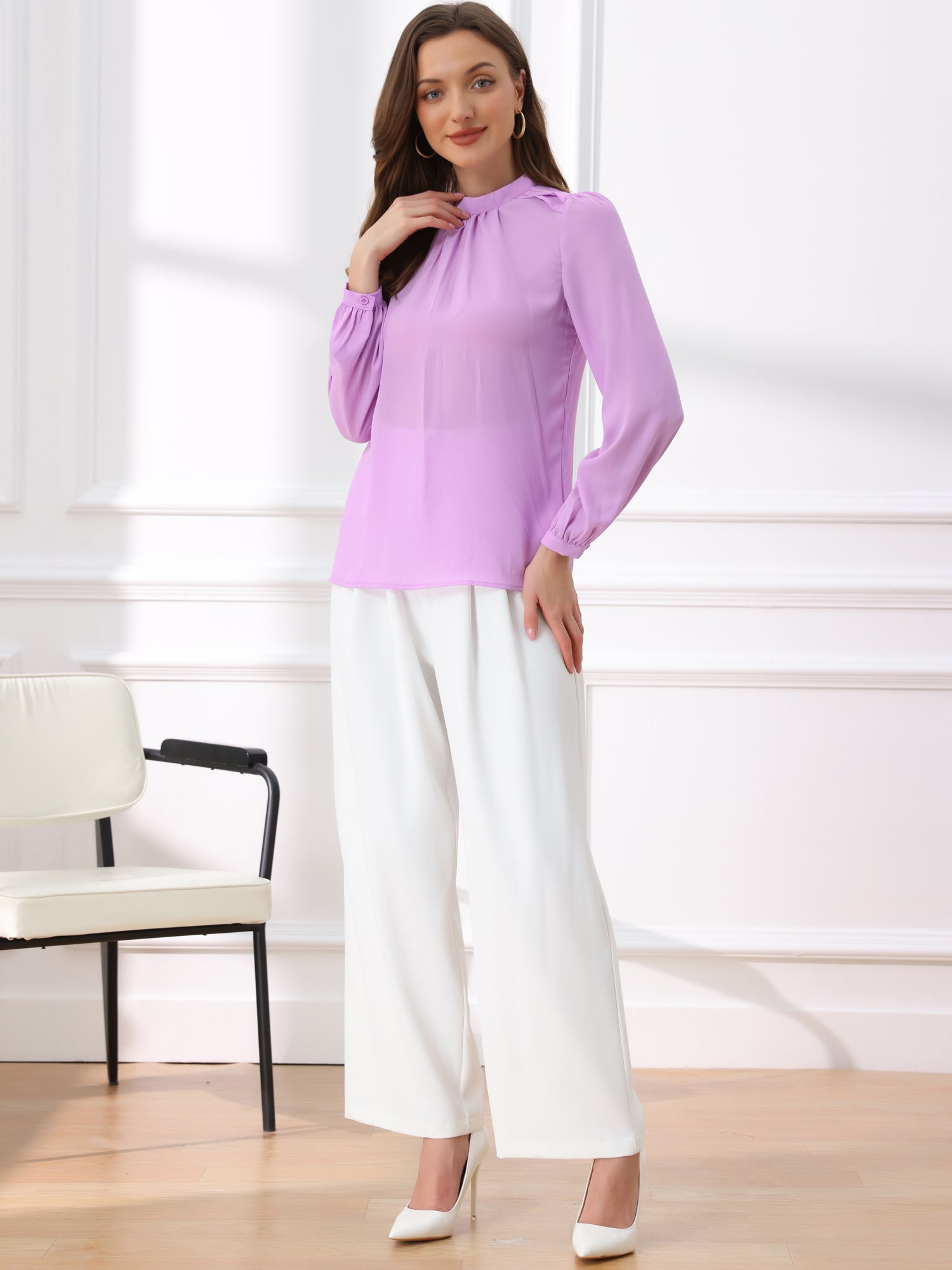 Chiffon Shirt Work Office Mock Neck Long Sleeve Blouse