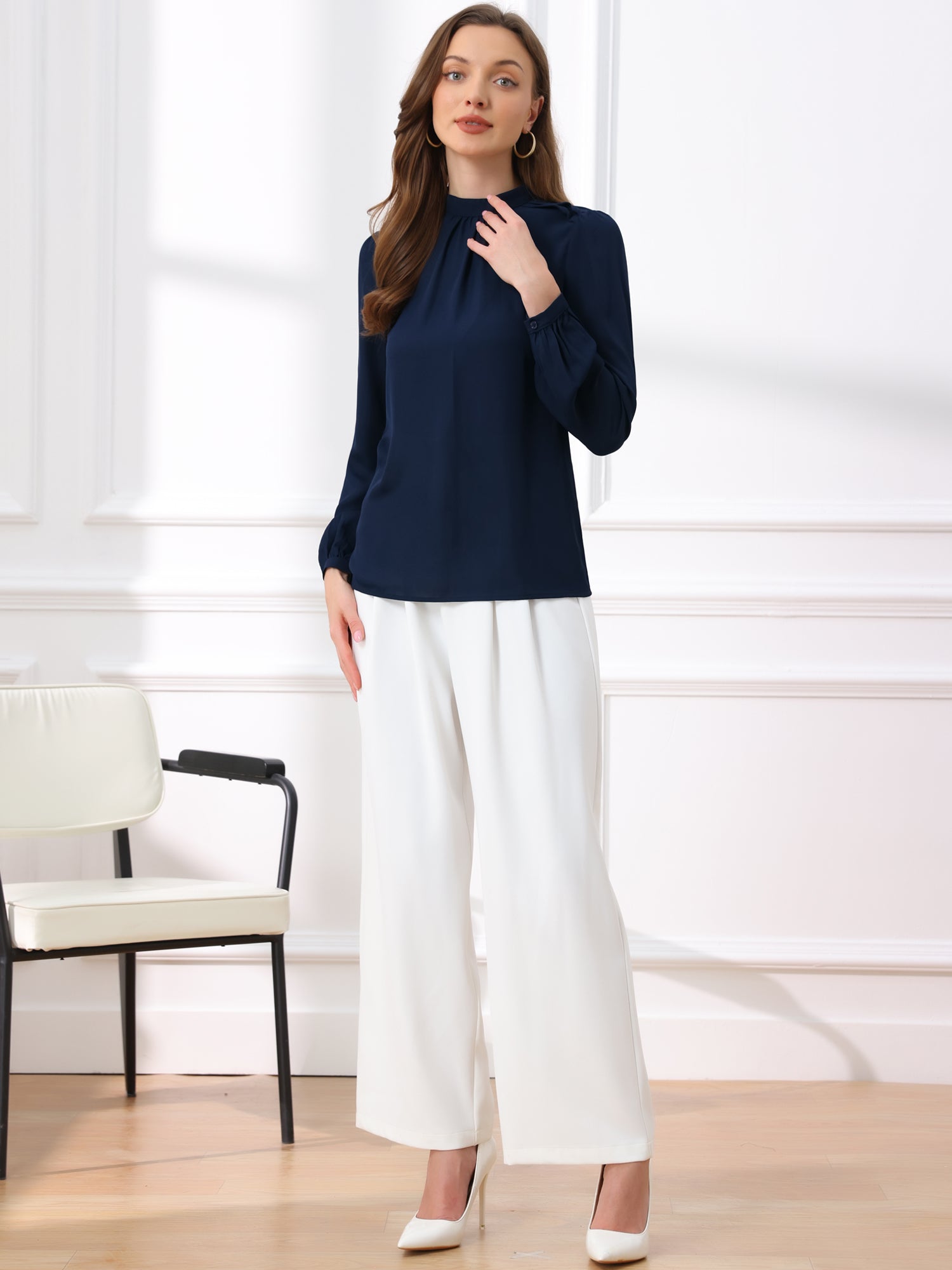 Chiffon Shirt Work Office Mock Neck Long Sleeve Blouse