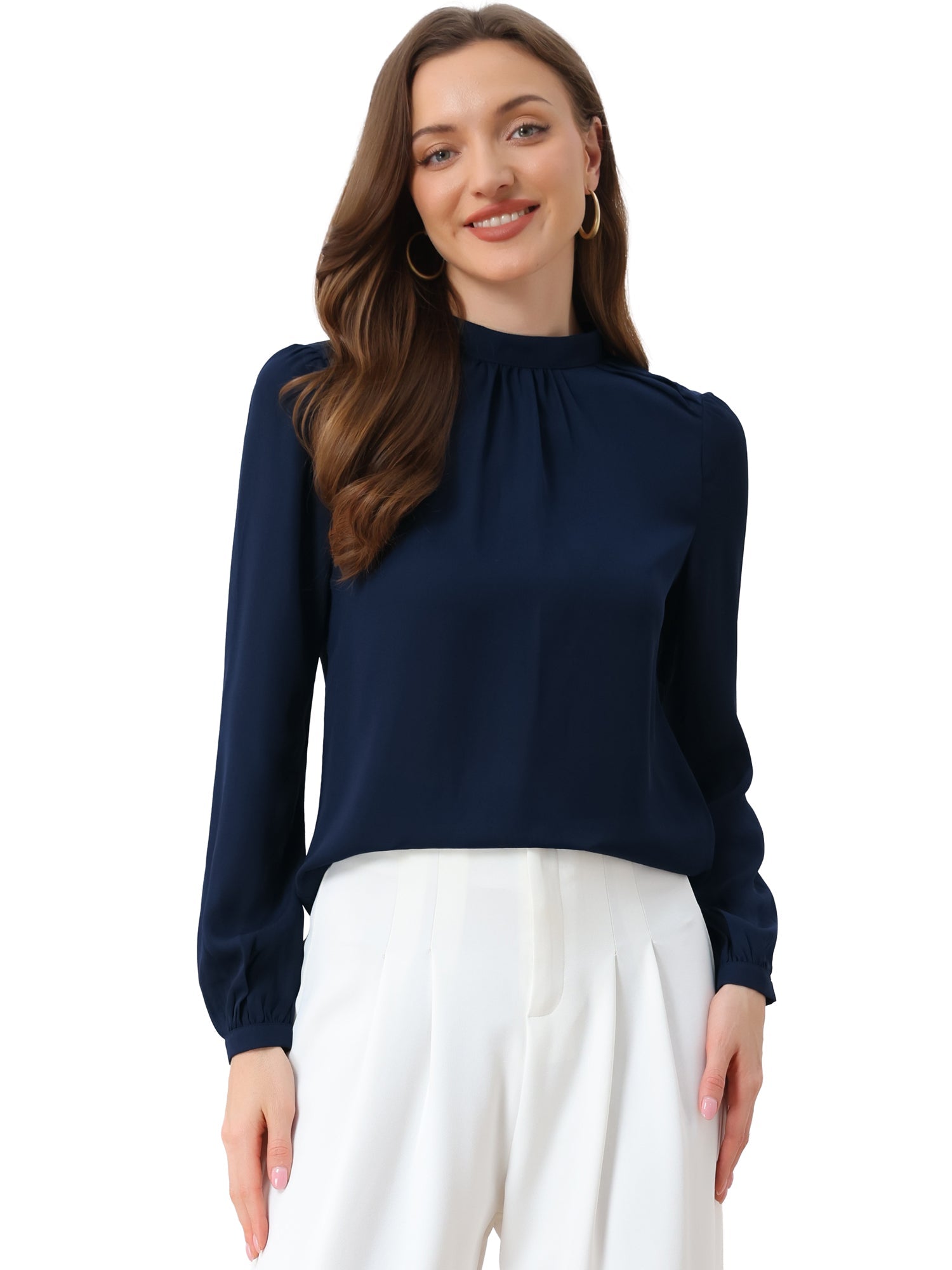 Chiffon Shirt Work Office Mock Neck Long Sleeve Blouse