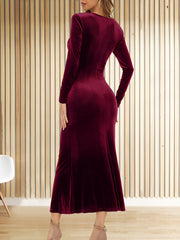 Flattering Asymmetrical Ruches with Fishtail Hem Velvet Ruched Long Sleeves Bodycon Fishtail Maxi Date Nights Dress