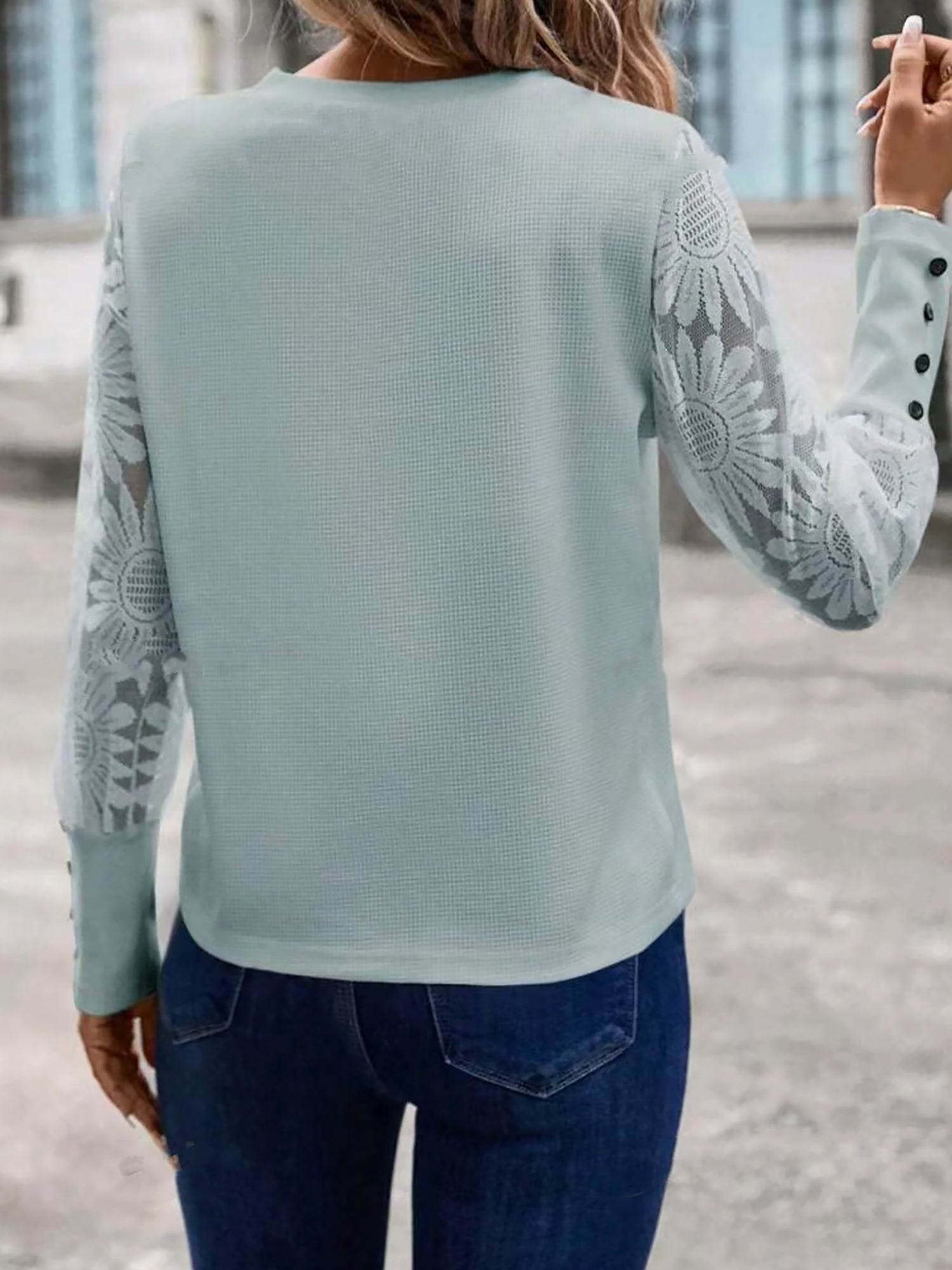 Elegant Lace Sheer Long Sleeves Knit Solid Color Soft Knit Body Office Blouse