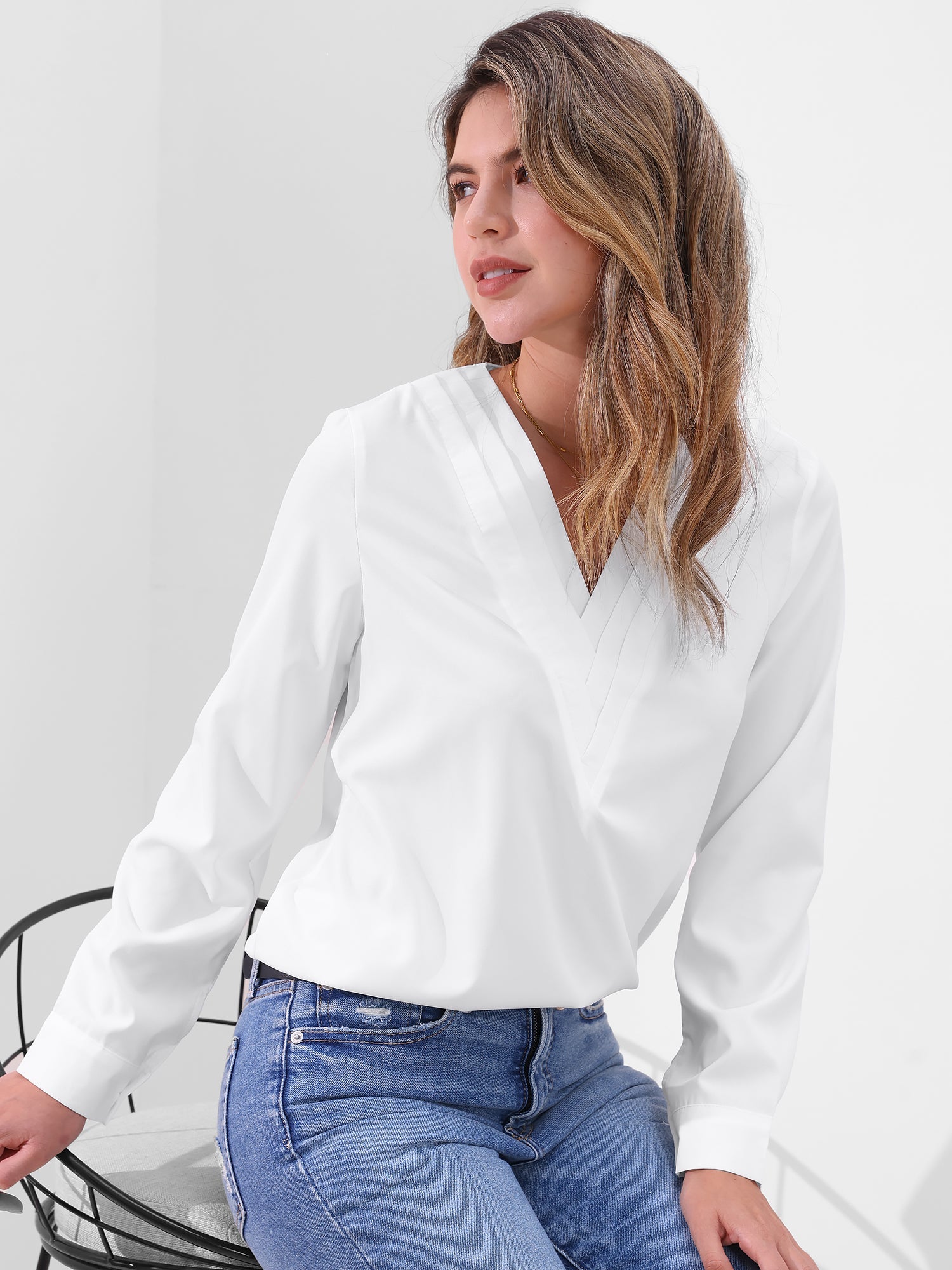 Solid Color Double Layer Breathable V Neck Long Sleeve Casual Business Work Blouse