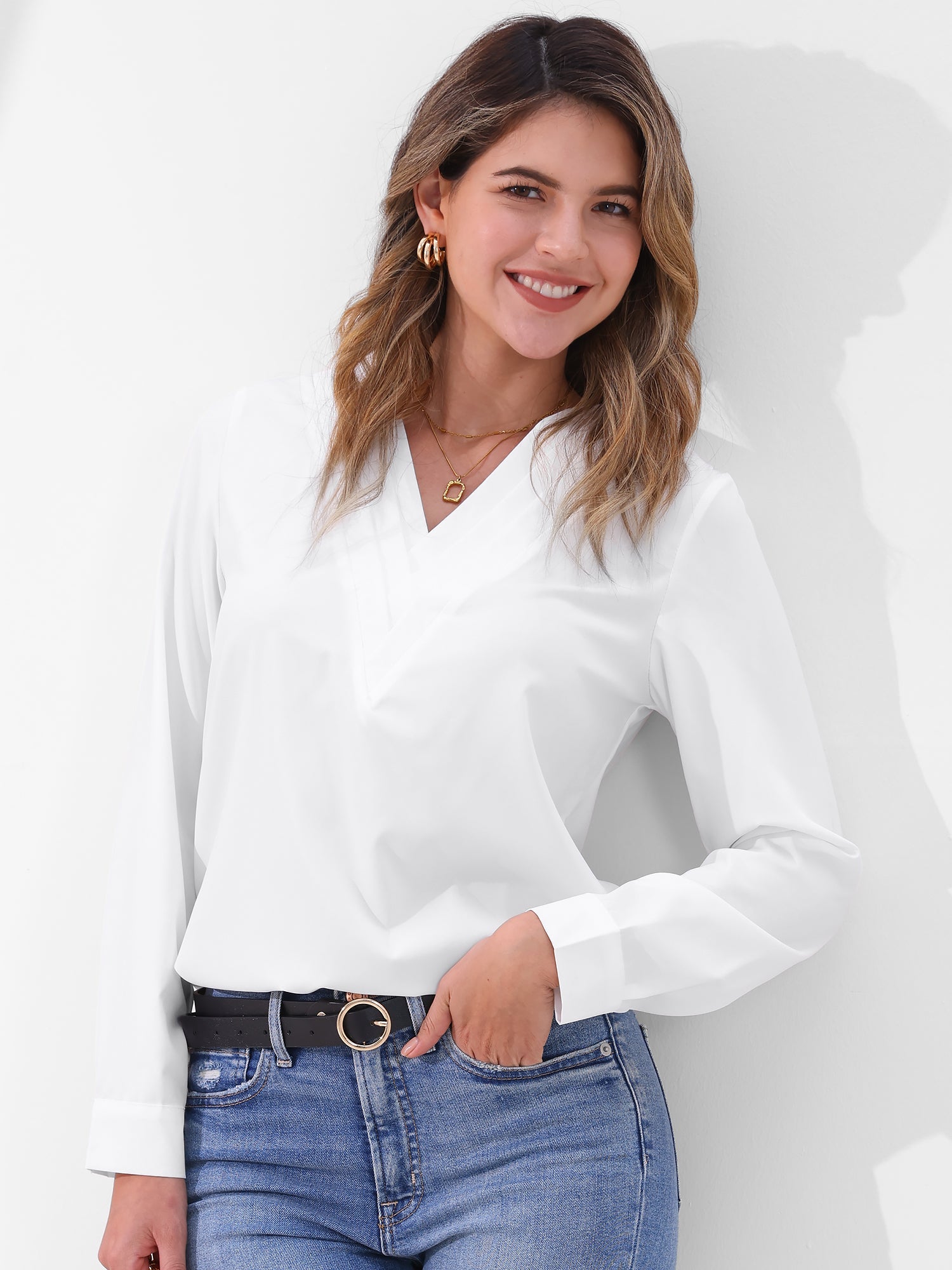Solid Color Double Layer Breathable V Neck Long Sleeve Casual Business Work Blouse