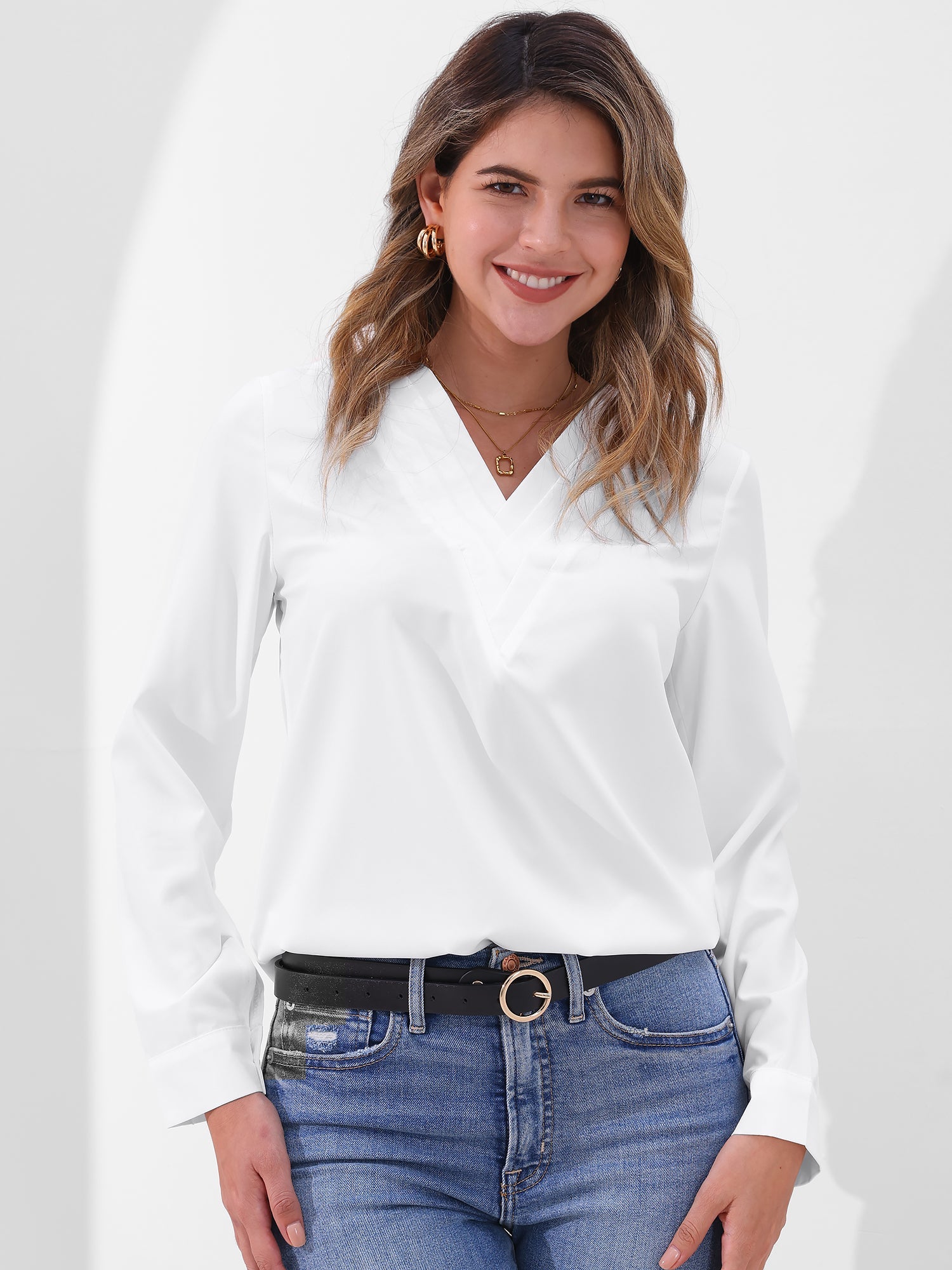 Solid Color Double Layer Breathable V Neck Long Sleeve Casual Business Work Blouse