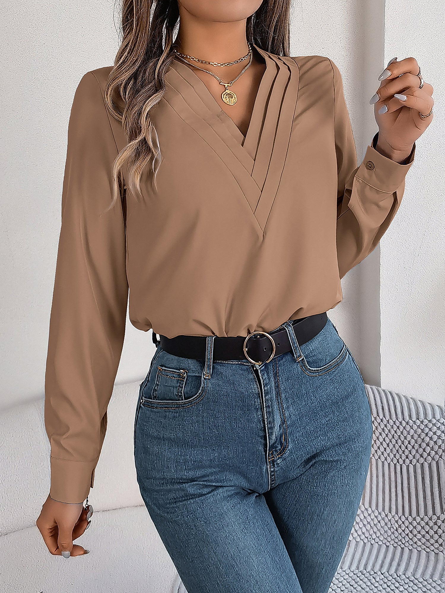 Solid Color Double Layer Breathable V Neck Long Sleeve Casual Business Work Blouse