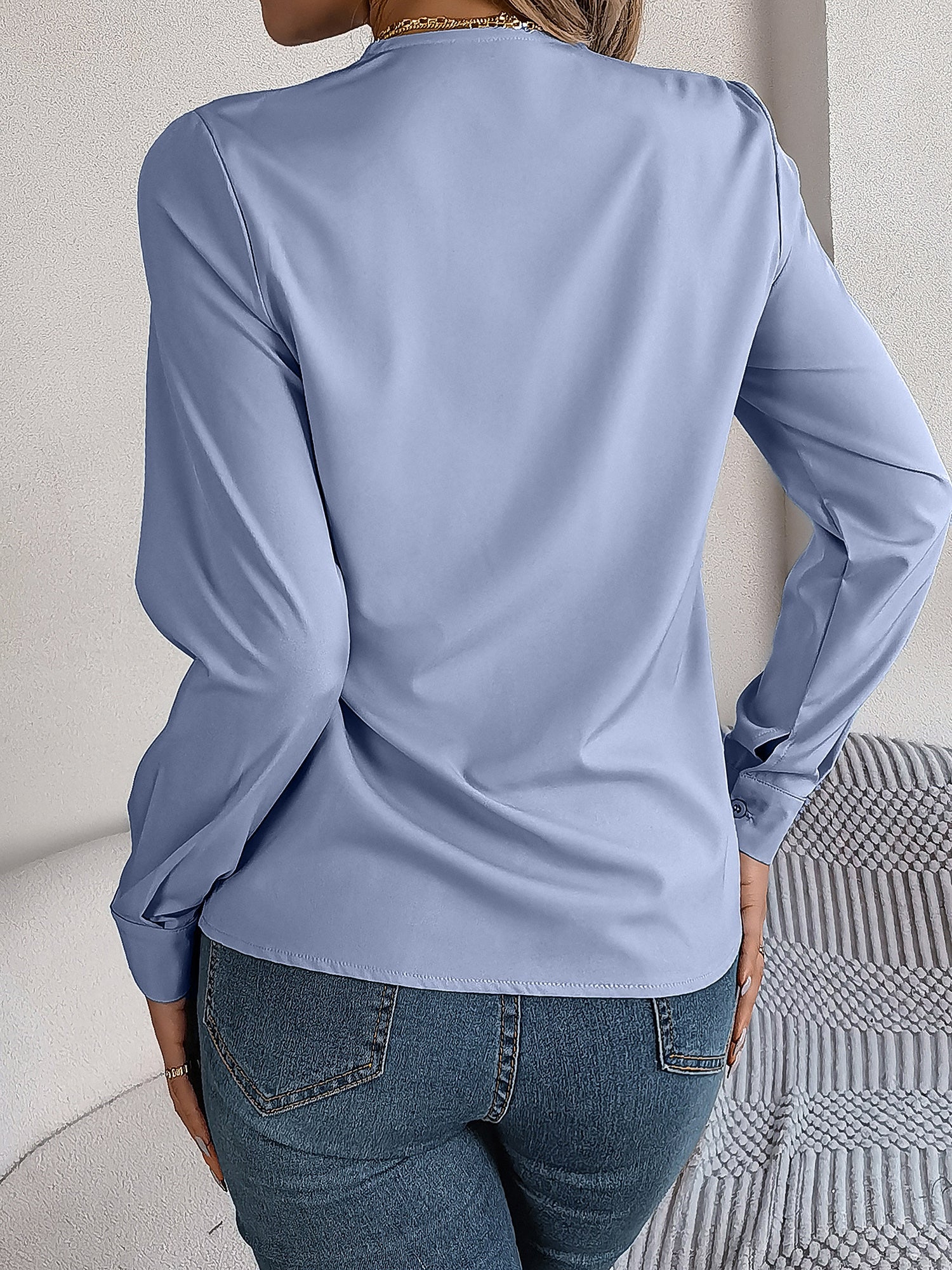 Solid Color Double Layer Breathable V Neck Long Sleeve Casual Business Work Blouse