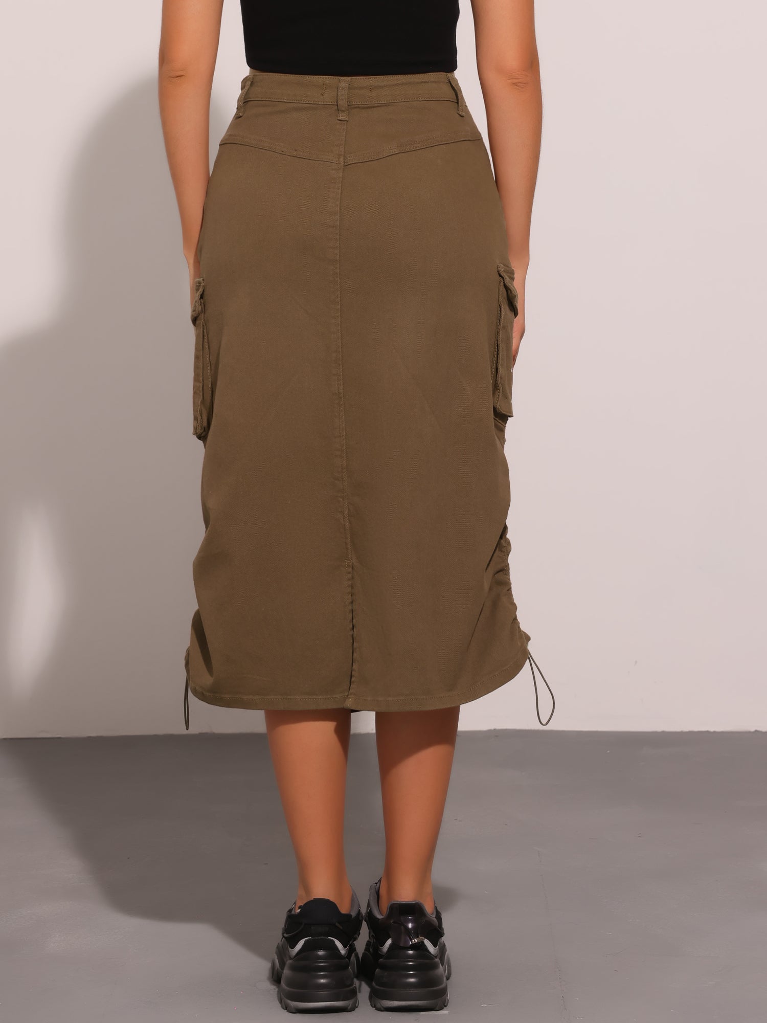 Midi Skirt Flap Pocket Back Slit Drawstring Cargo Skirt