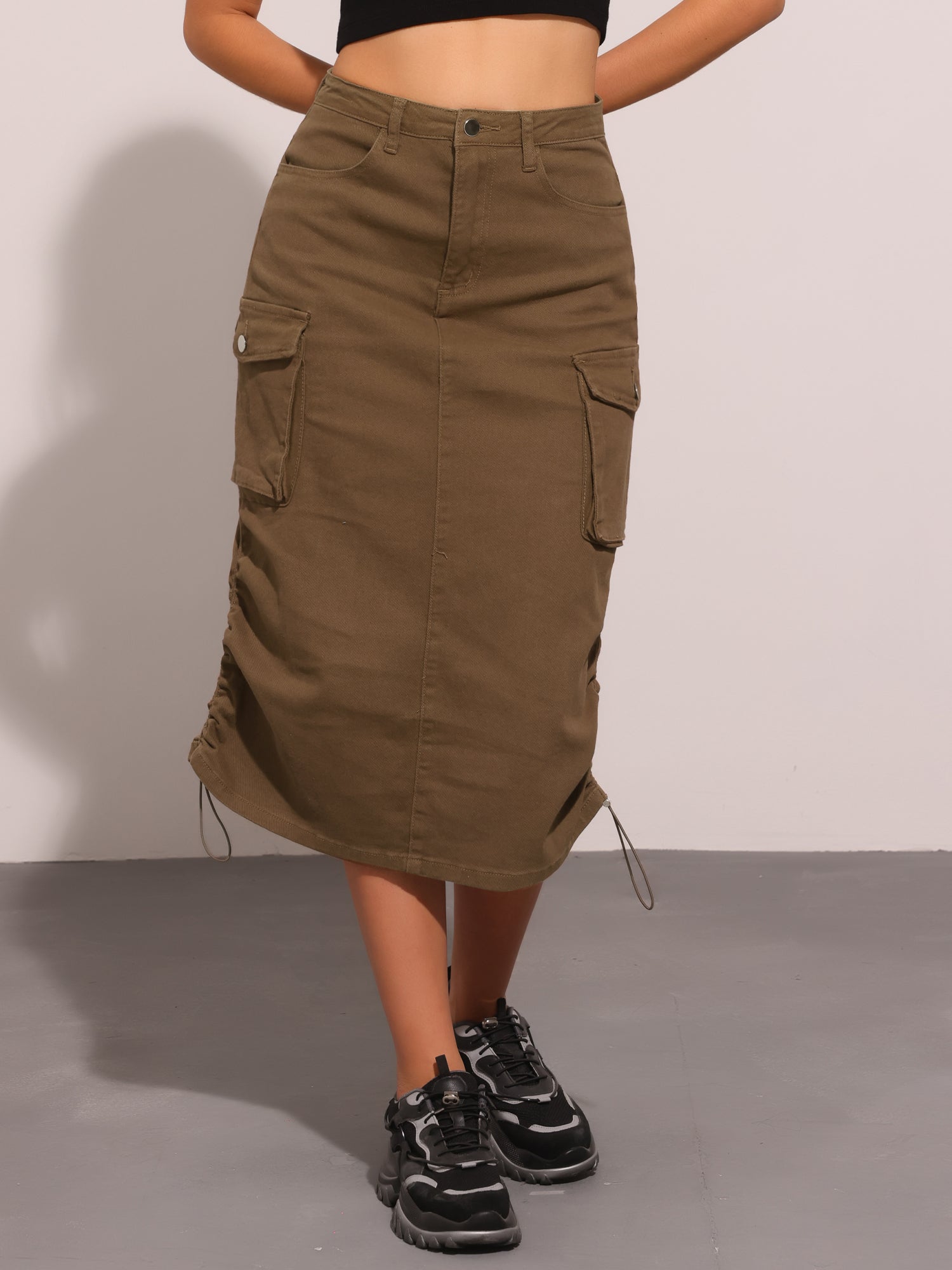 Midi Skirt Flap Pocket Back Slit Drawstring Cargo Skirt