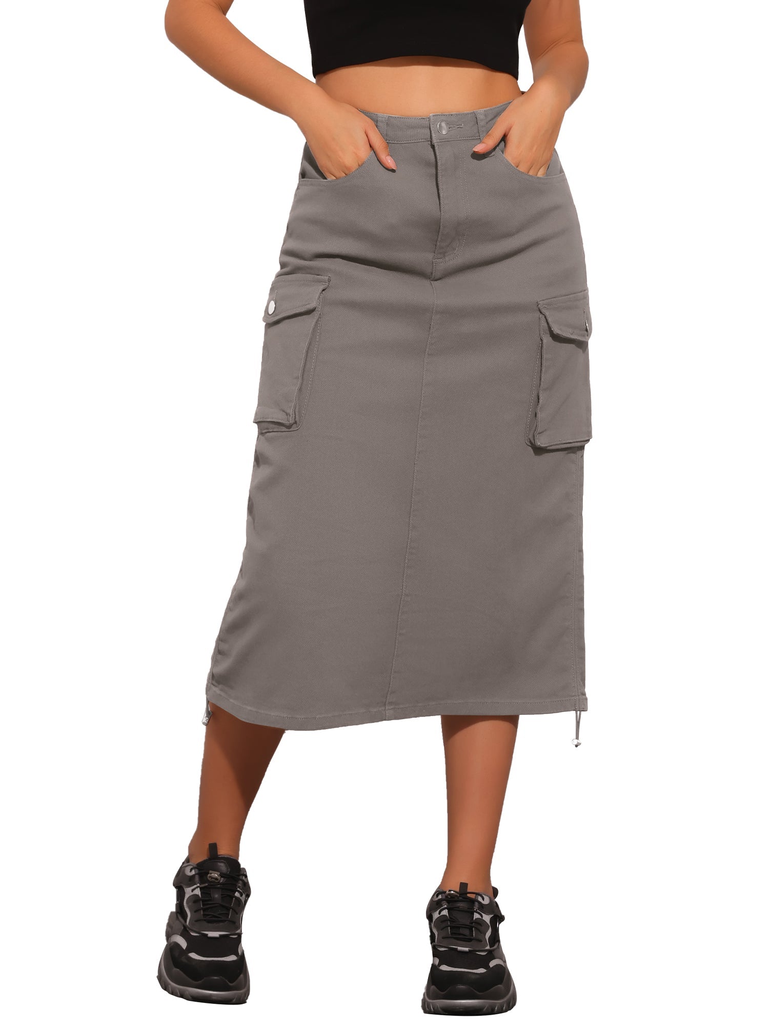 Midi Skirt Flap Pocket Back Slit Drawstring Cargo Skirt