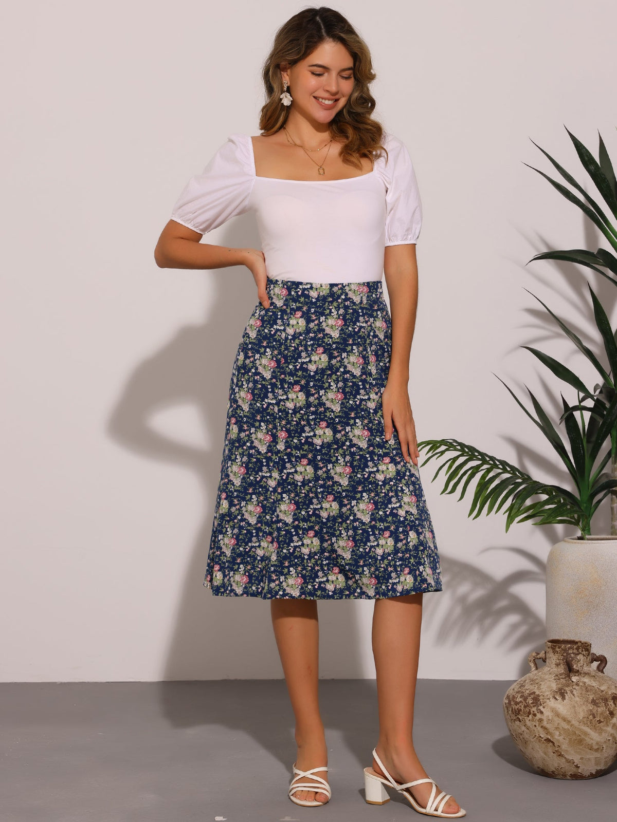 Floral Peasant Elastic Waist A-Line Ditsy Leave Midi Skirt