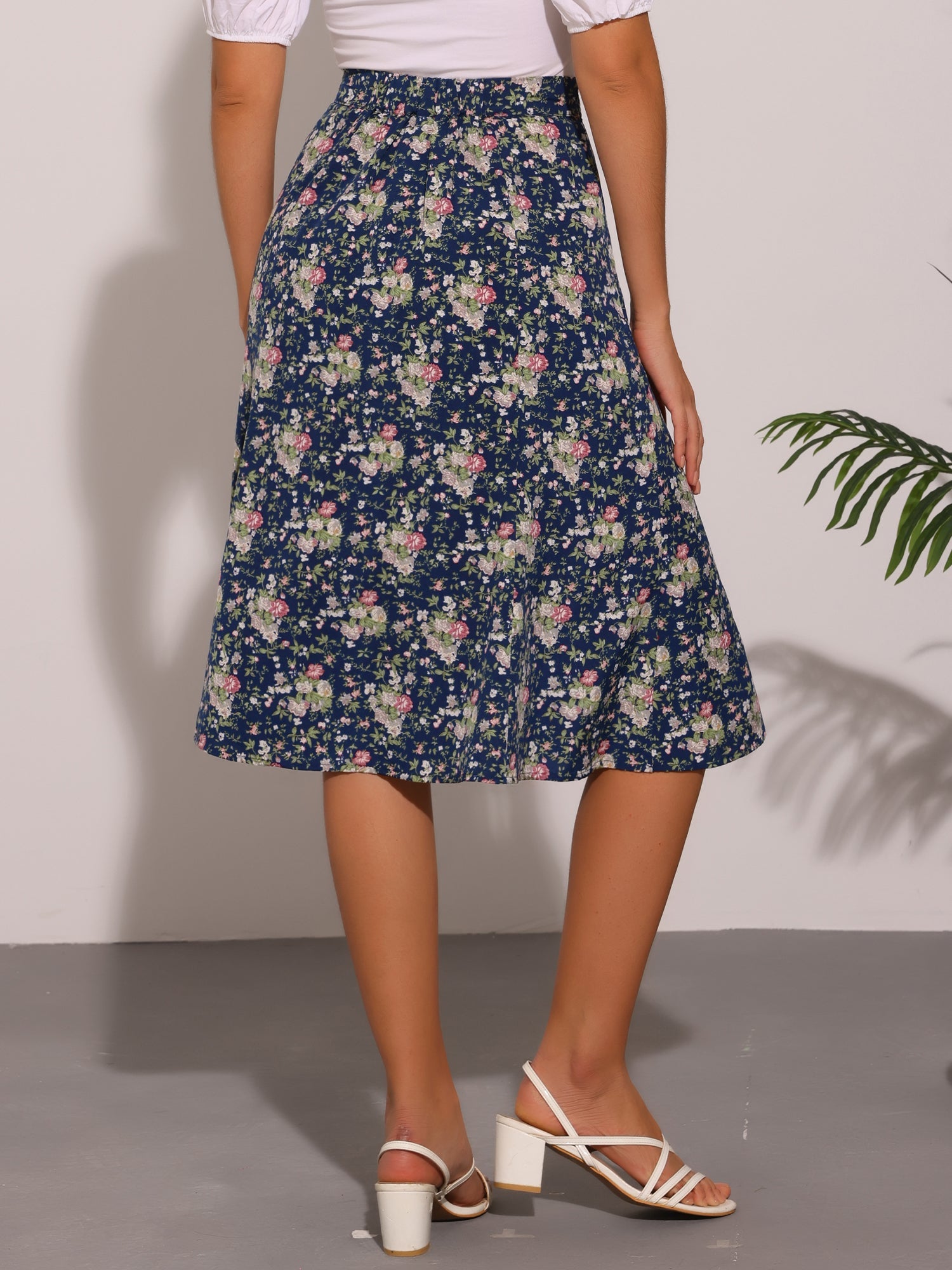 Floral Peasant Elastic Waist A-Line Ditsy Leave Midi Skirt