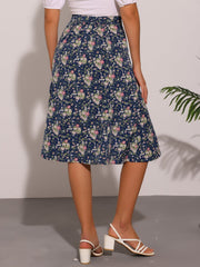 Floral Peasant Elastic Waist A-Line Ditsy Leave Midi Skirt