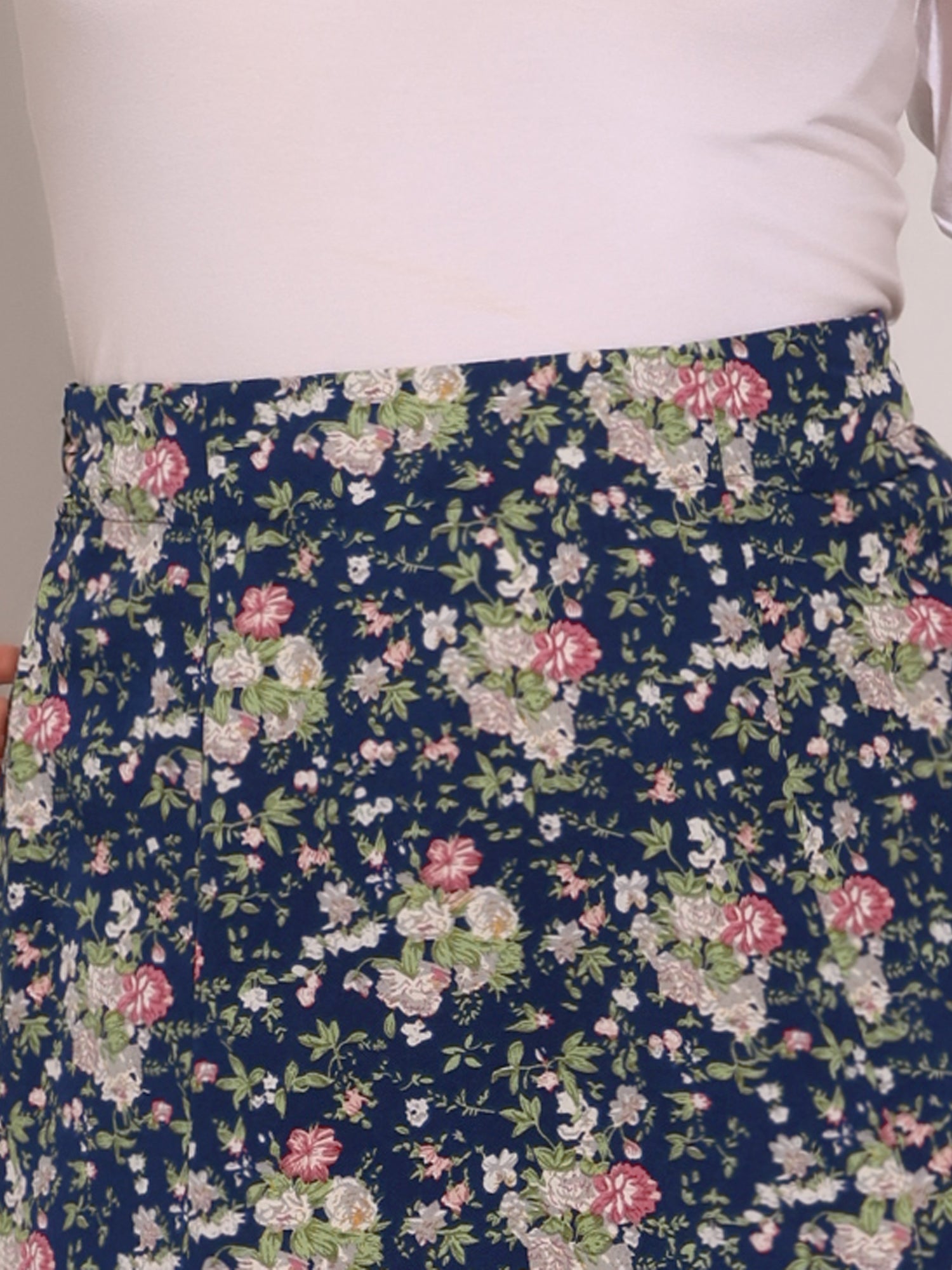 Floral Peasant Elastic Waist A-Line Ditsy Leave Midi Skirt