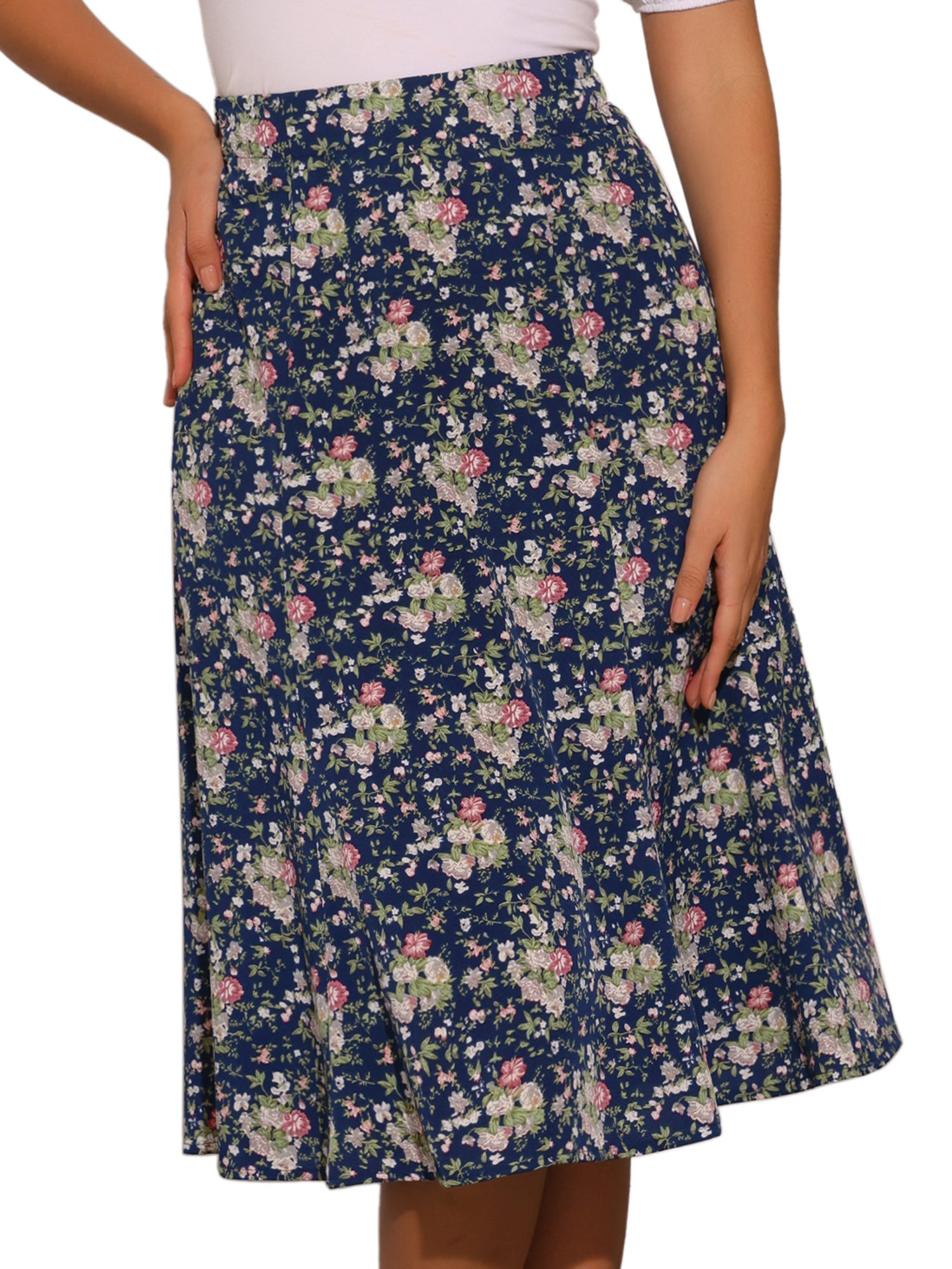 Floral Peasant Elastic Waist A-Line Ditsy Leave Midi Skirt