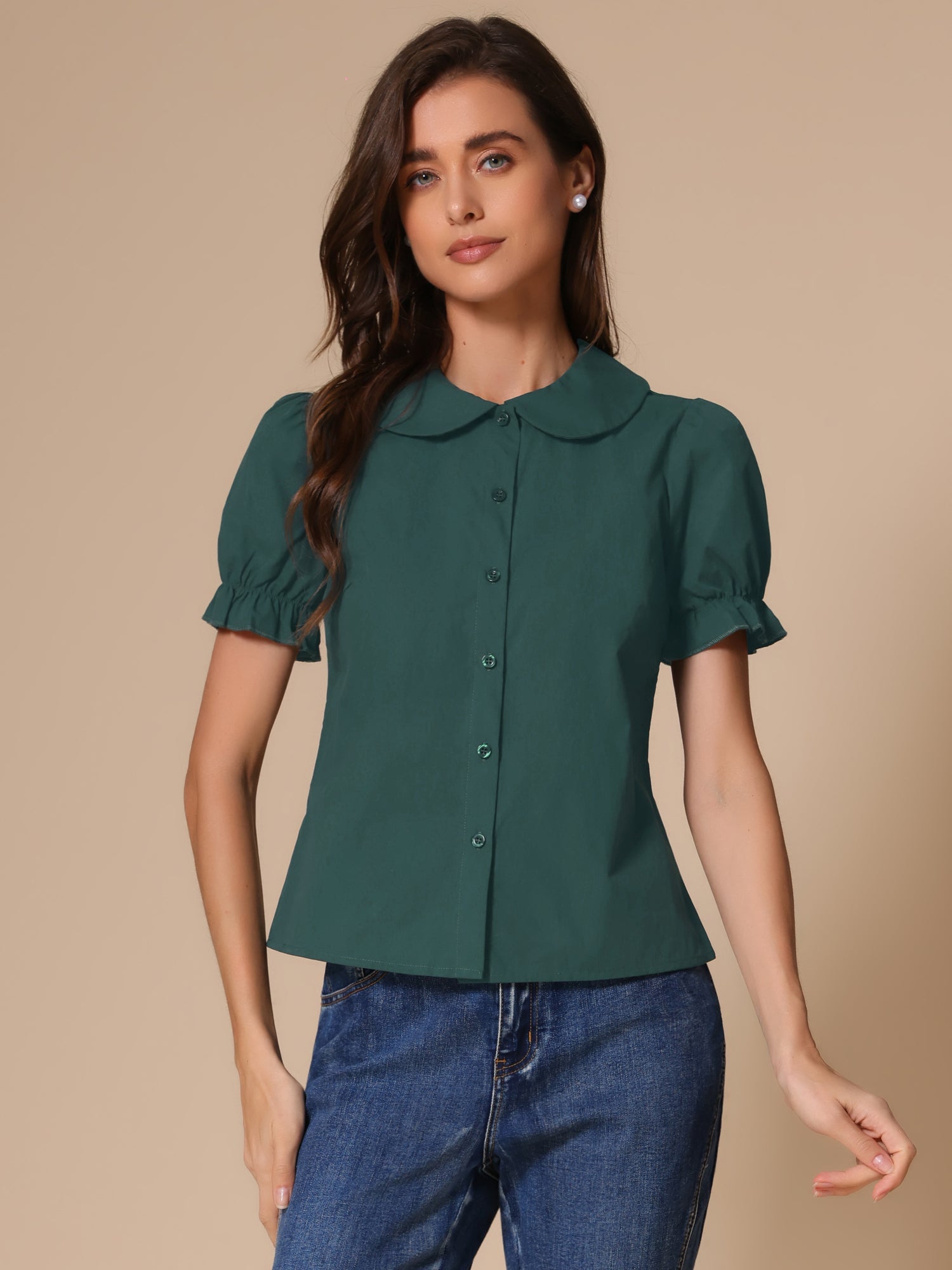 Peter Pan Collar Tie Neck Casual Cute Cotton Button-Up Shirt