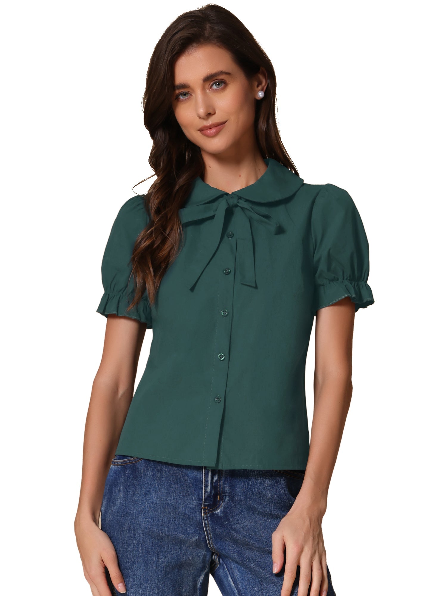Peter Pan Collar Tie Neck Casual Cute Cotton Button-Up Shirt
