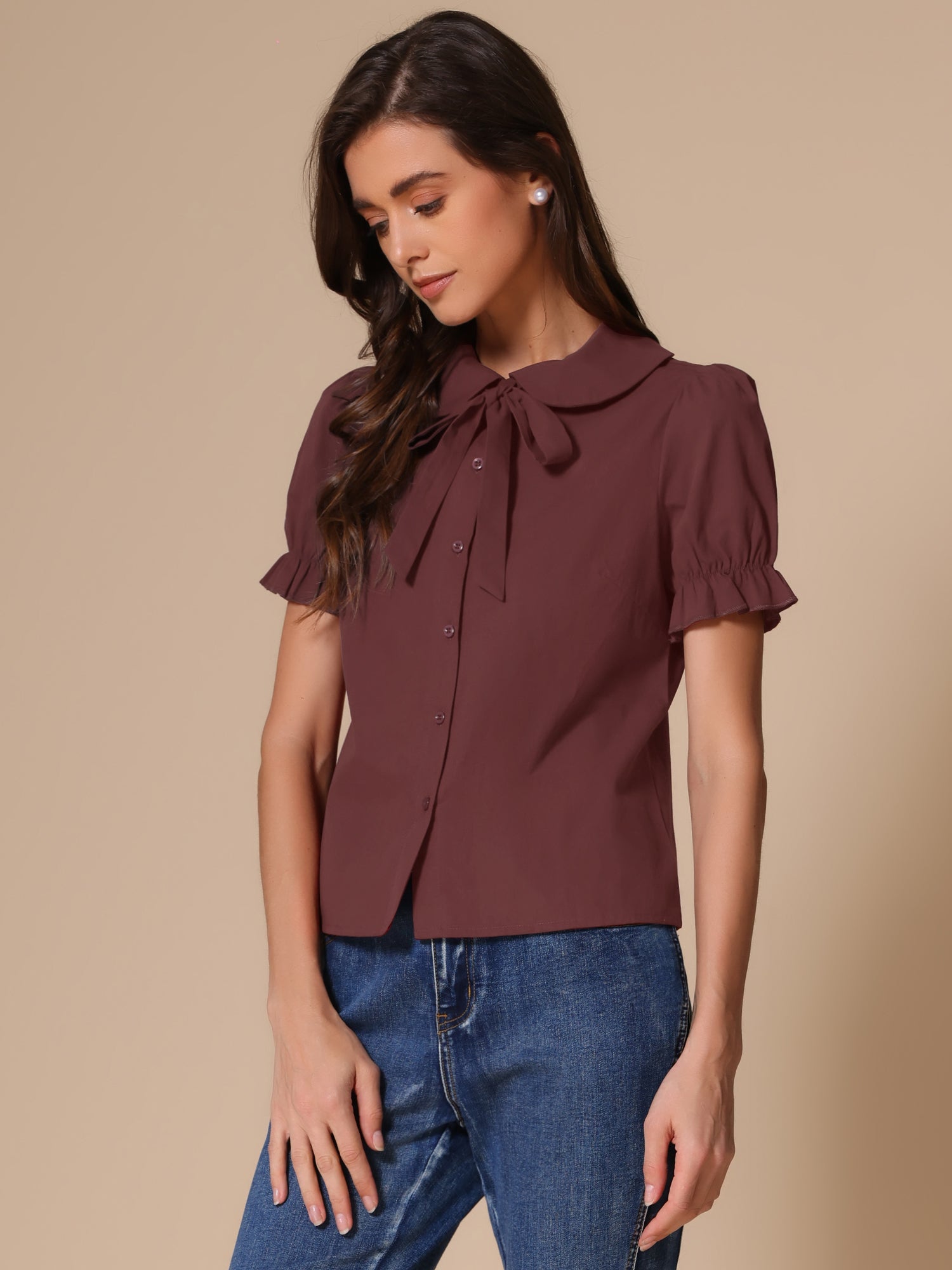 Peter Pan Collar Tie Neck Casual Cute Cotton Button-Up Shirt