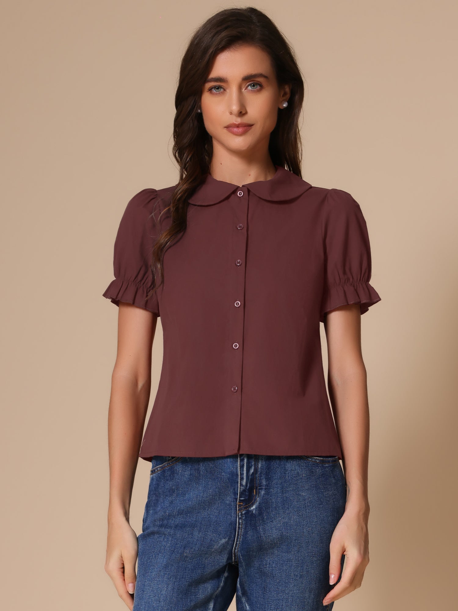 Peter Pan Collar Tie Neck Casual Cute Cotton Button-Up Shirt