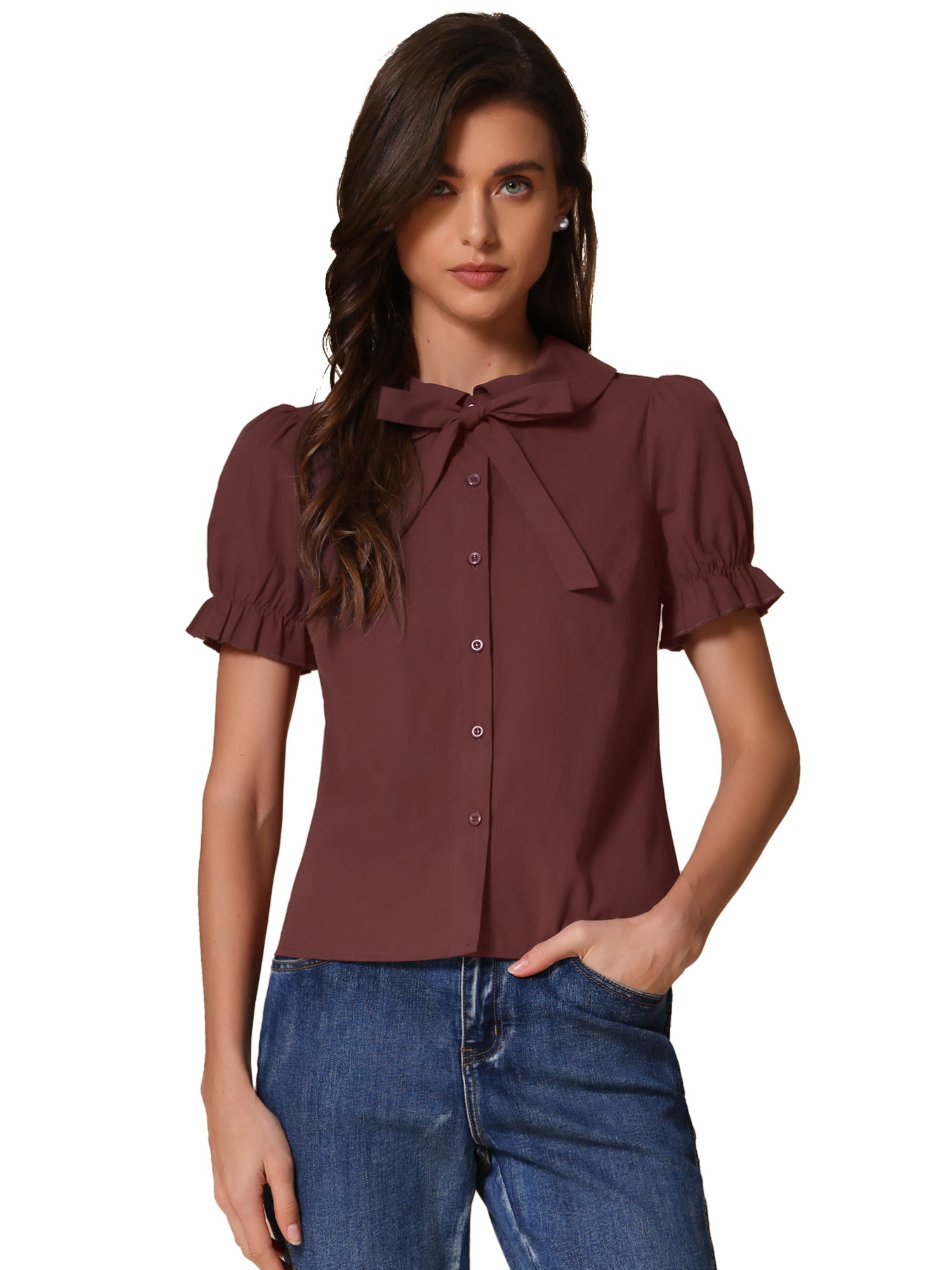 Peter Pan Collar Tie Neck Casual Cute Cotton Button-Up Shirt