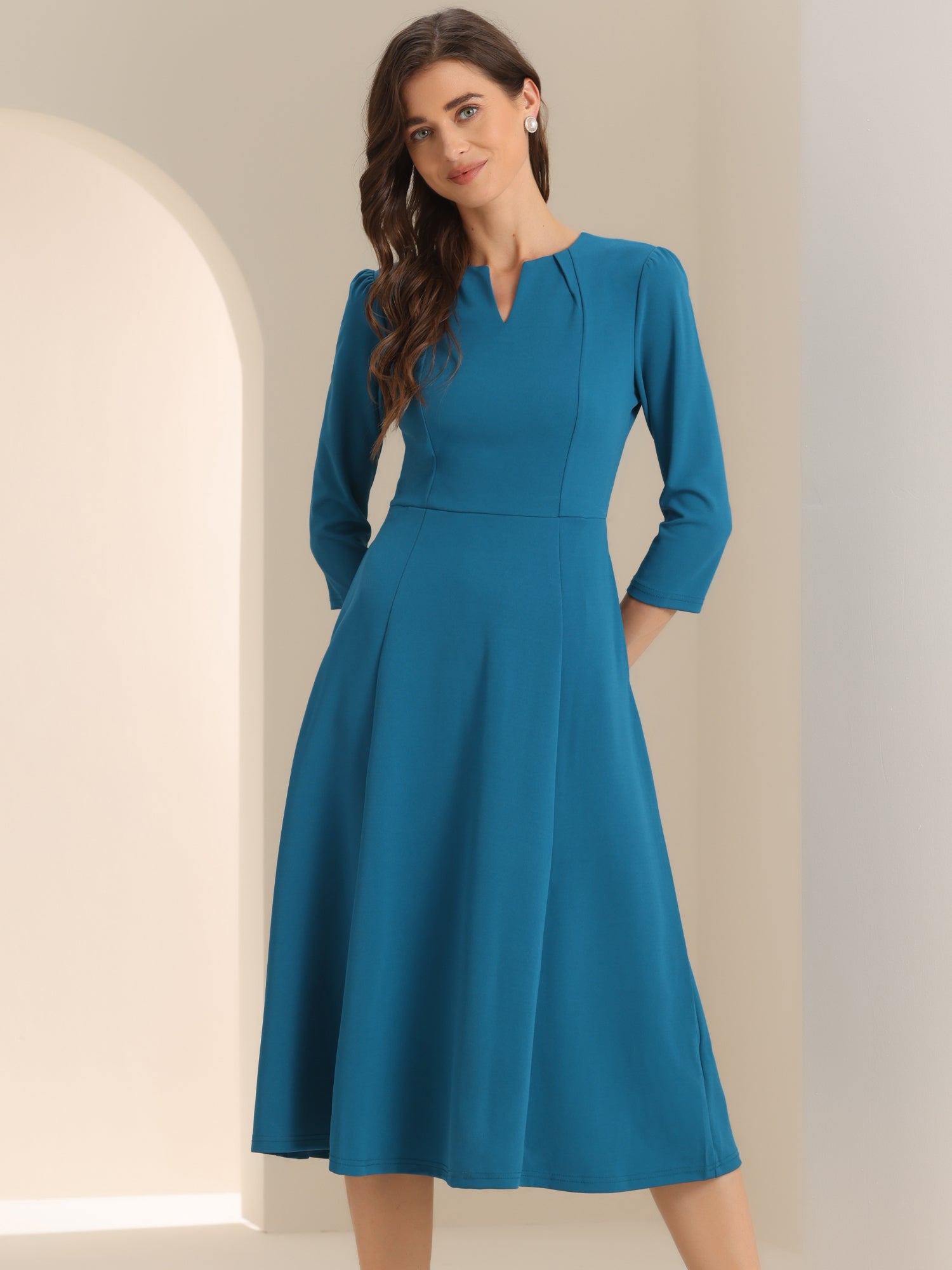 Notch Neck 3/4 Sleeve Pocketed Solid A-Line Work Dress