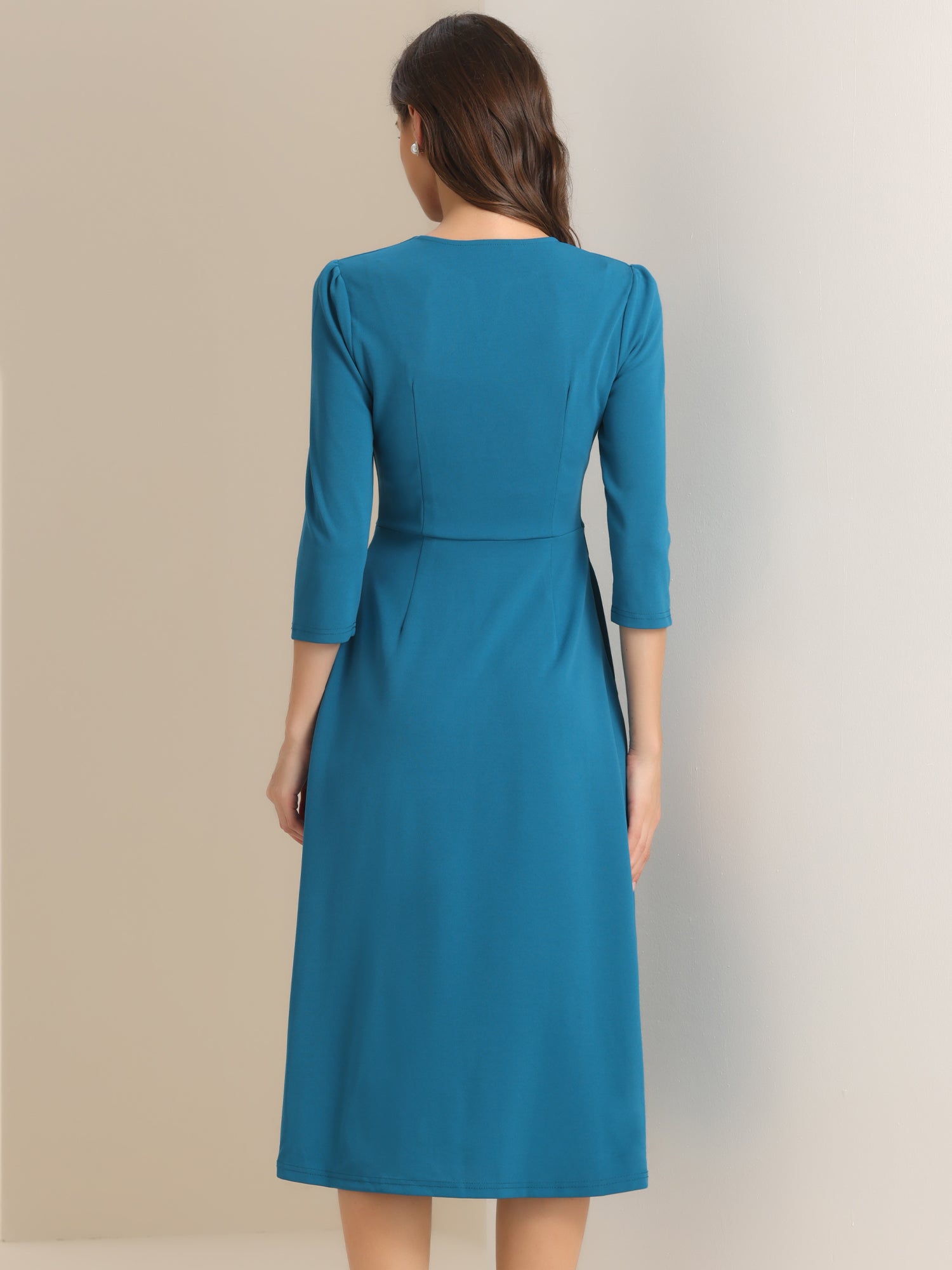 Notch Neck 3/4 Sleeve Pocketed Solid A-Line Work Dress