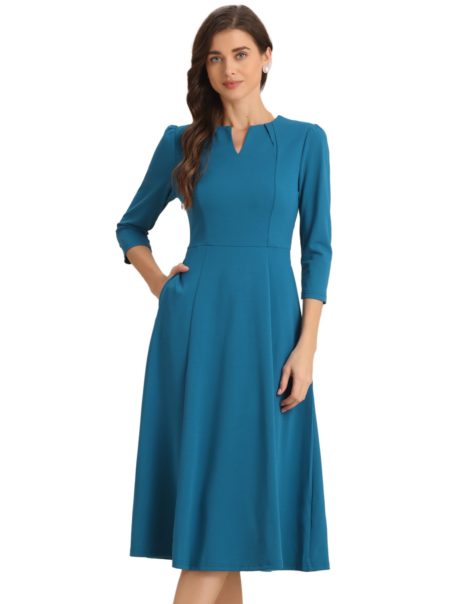 Notch Neck 3/4 Sleeve Pocketed Solid A-Line Work Dress