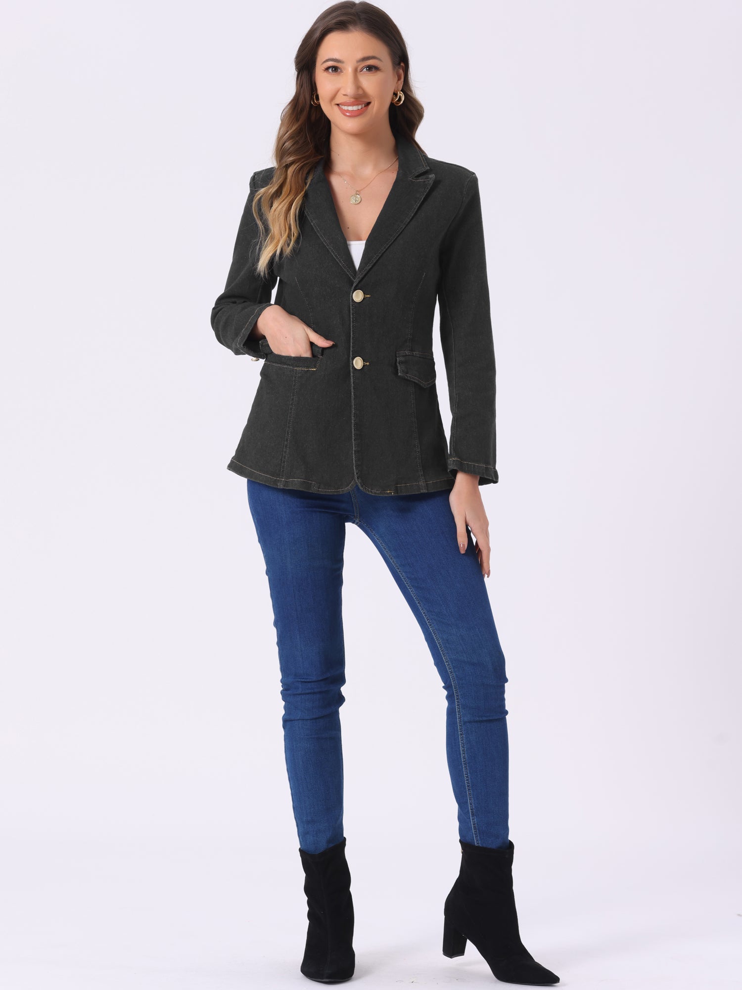 Notched Lapel Denim Single Breasted Shoulder Pad Blazer Jackets