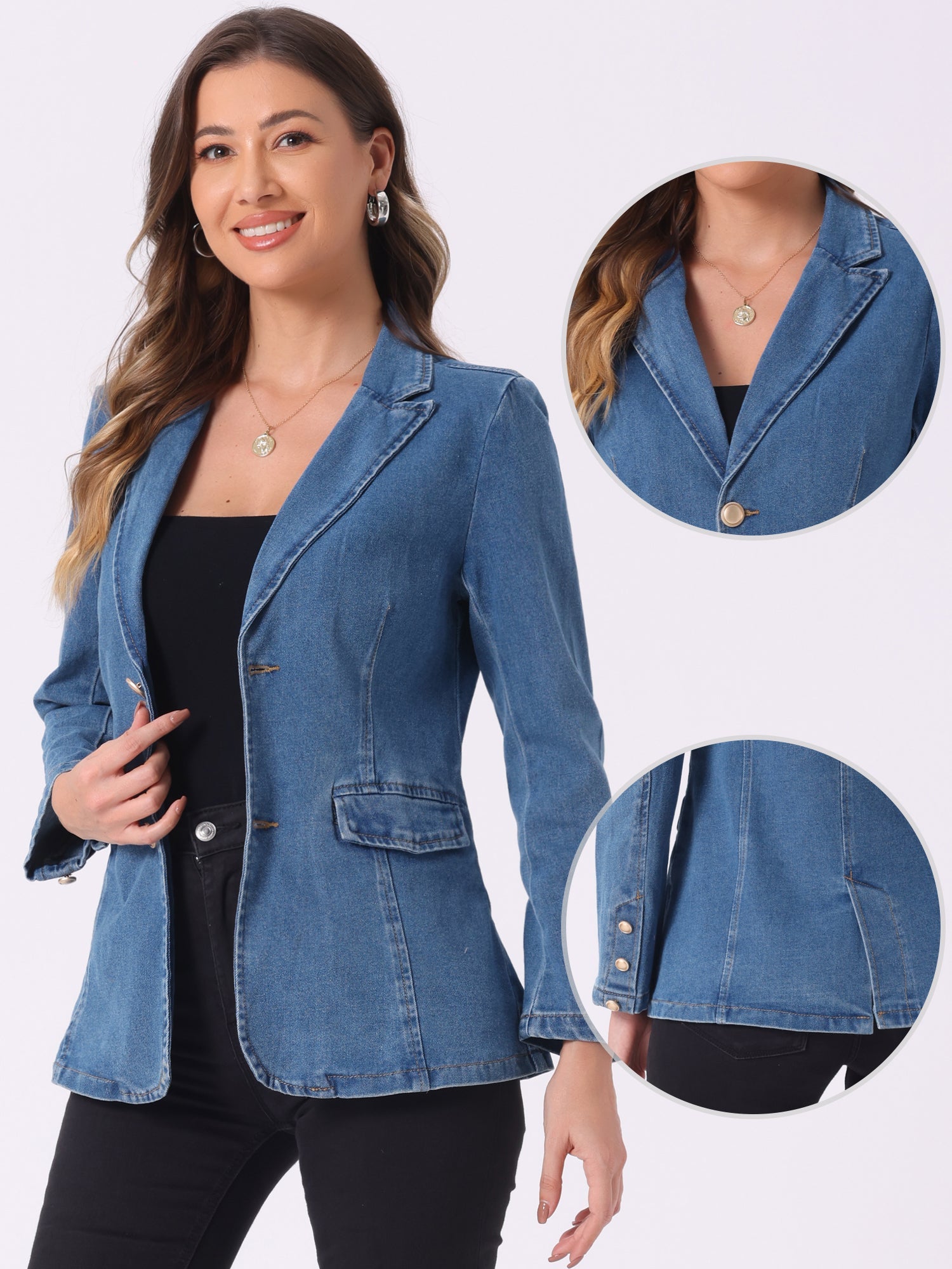 Notched Lapel Denim Single Breasted Shoulder Pad Blazer Jackets