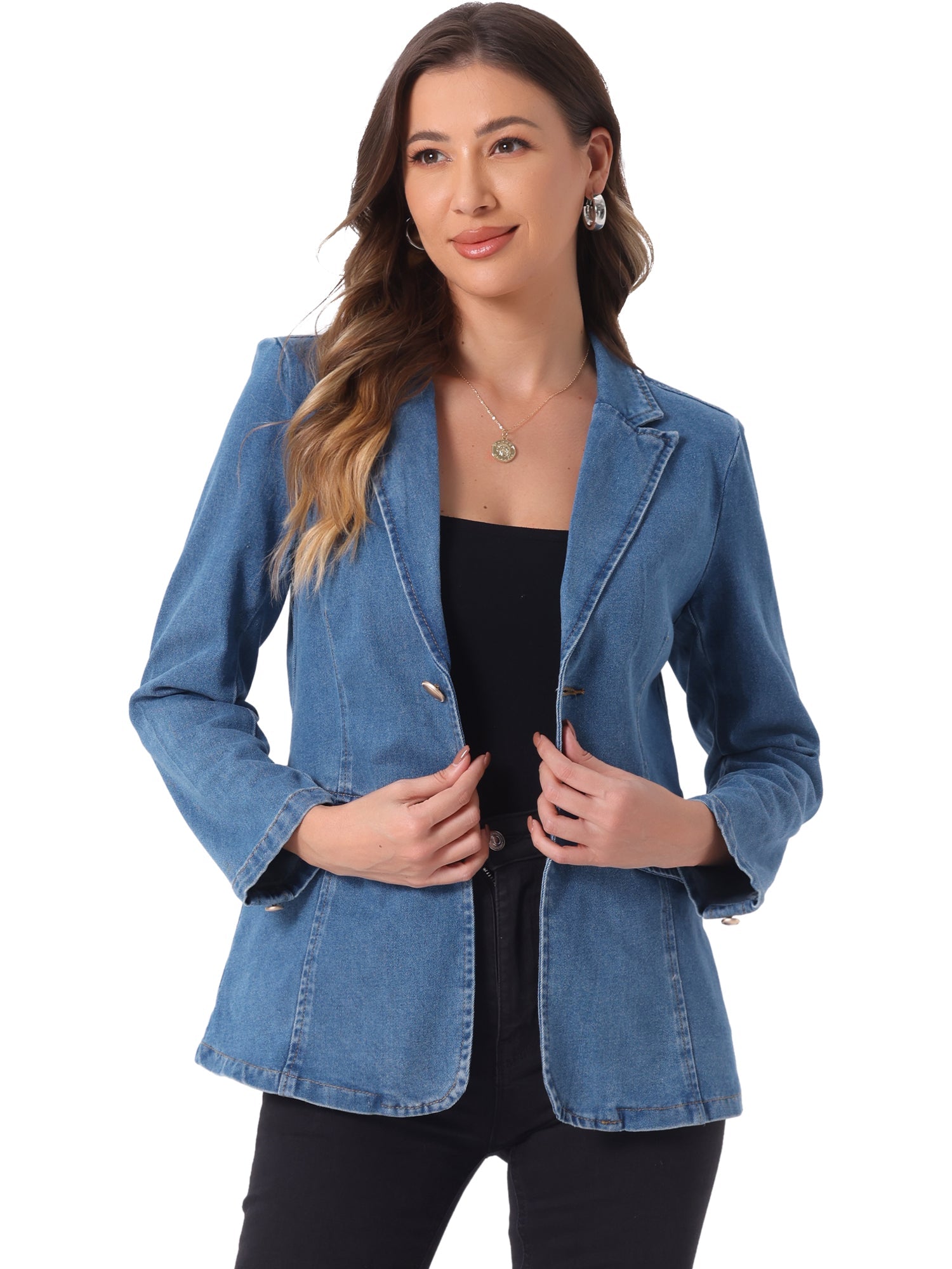 Notched Lapel Denim Single Breasted Shoulder Pad Blazer Jackets
