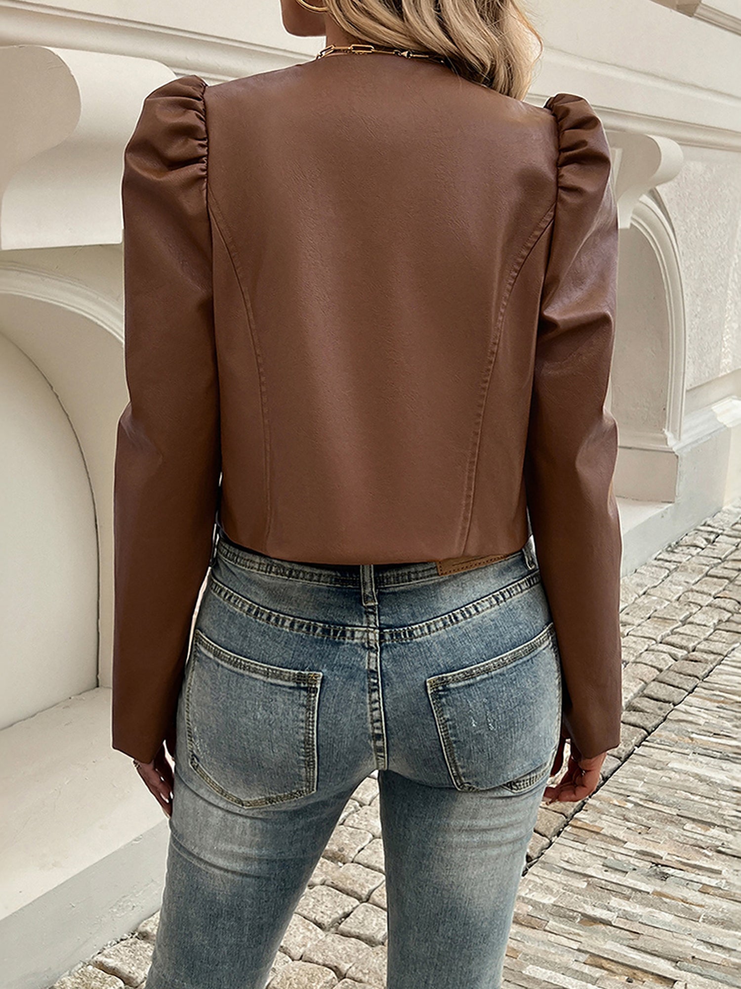 Puff Long Sleeves Faux Leather Open Front Copped Jacket