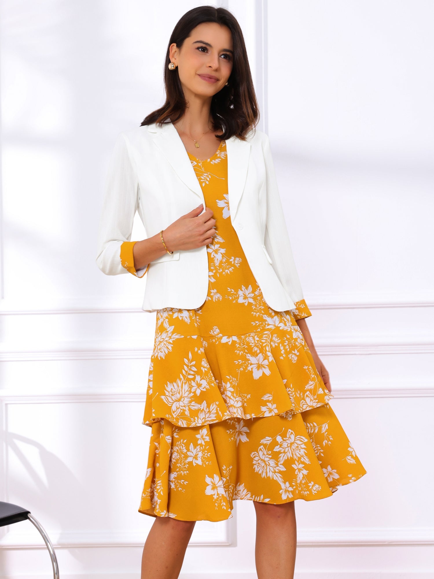 Work flower Print Contrast Panel 2pc Sets Chiffon V Neck Jacket Dress