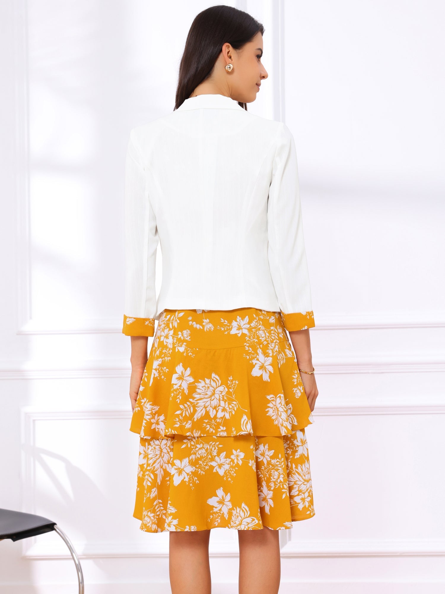Work flower Print Contrast Panel 2pc Sets Chiffon V Neck Jacket Dress