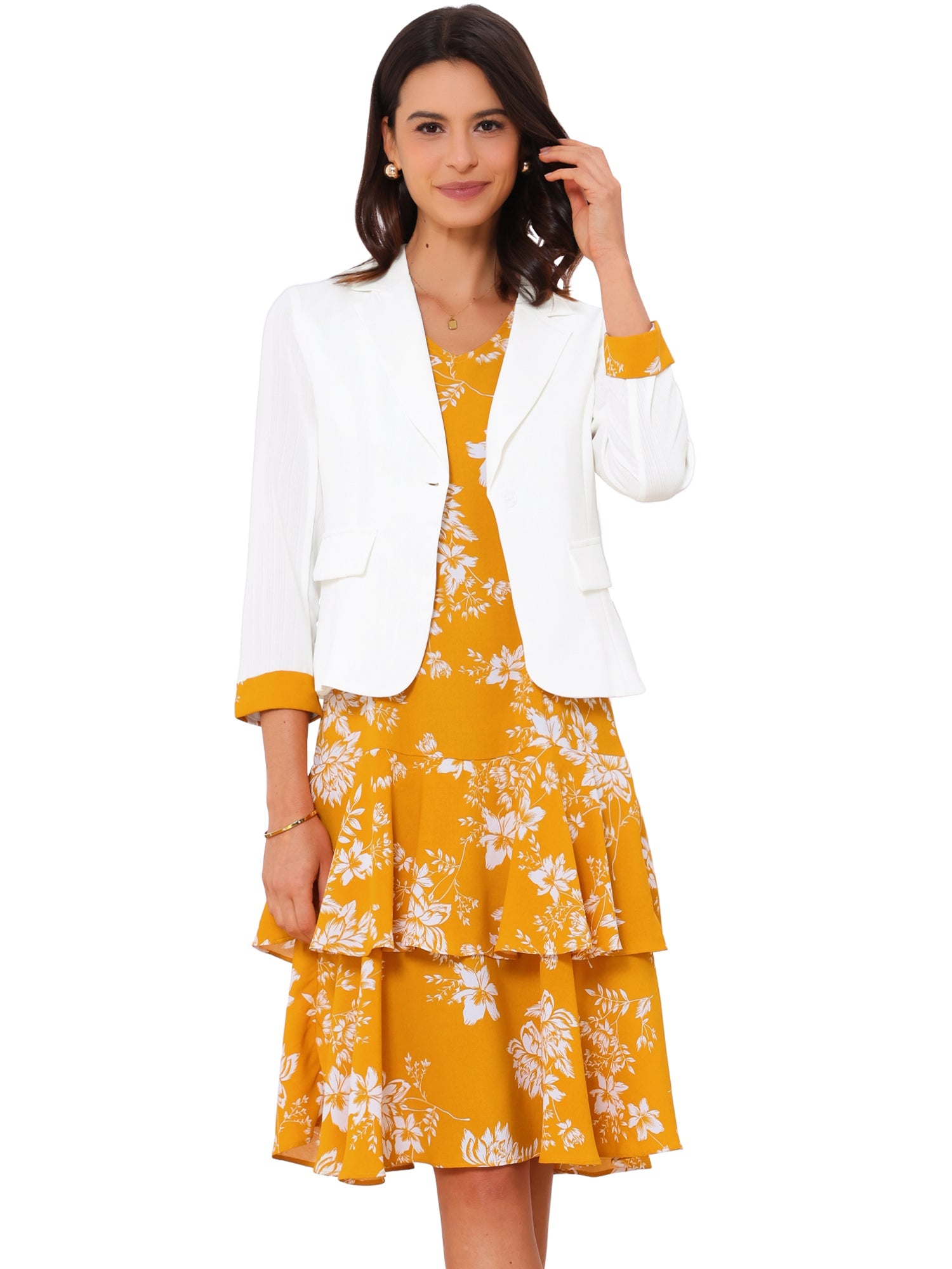 Work flower Print Contrast Panel 2pc Sets Chiffon V Neck Jacket Dress