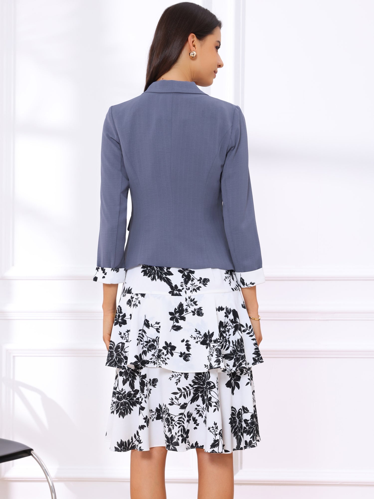 Work flower Print Contrast Panel 2pc Sets Chiffon V Neck Jacket Dress