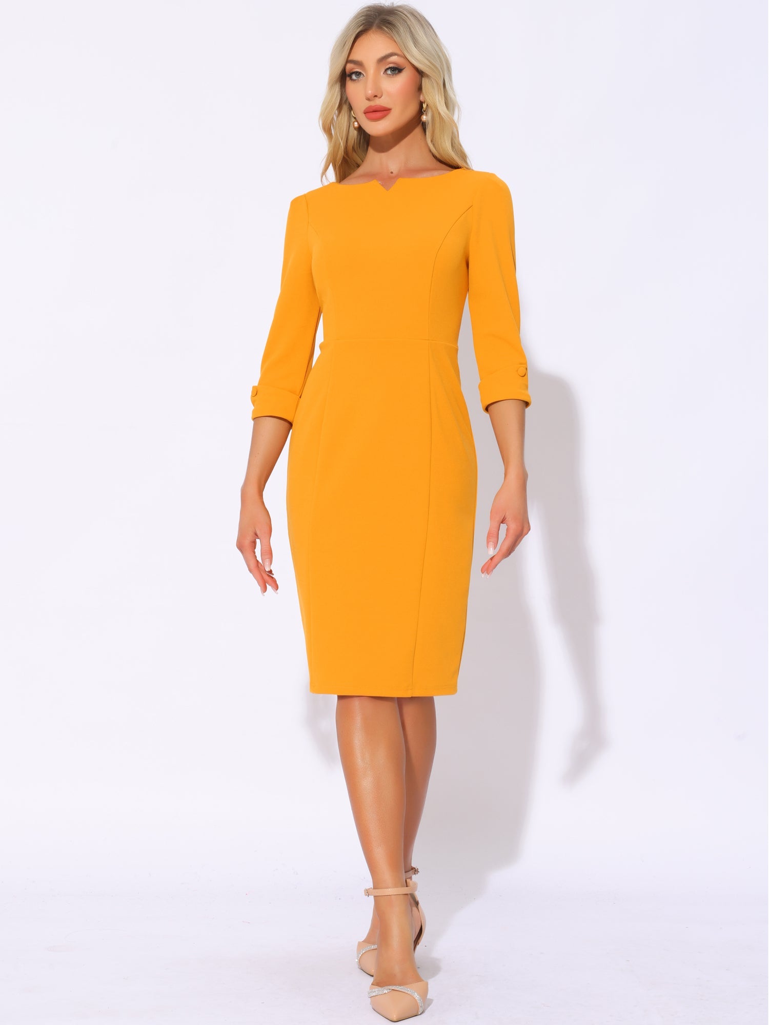 3/4 Sleeve Notch Neck Slim Fit Work Pencil Midi Dress