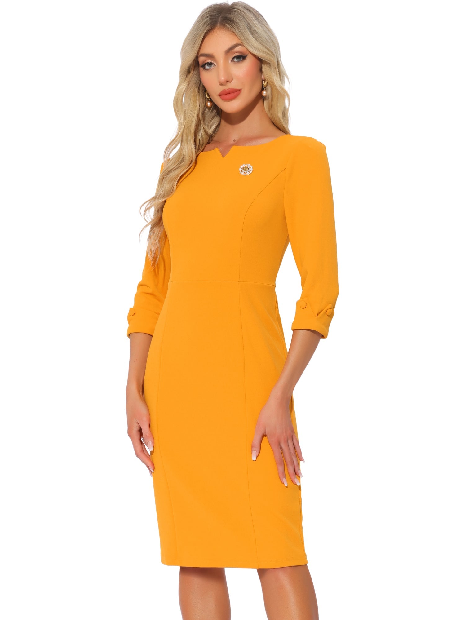 3/4 Sleeve Notch Neck Slim Fit Work Pencil Midi Dress