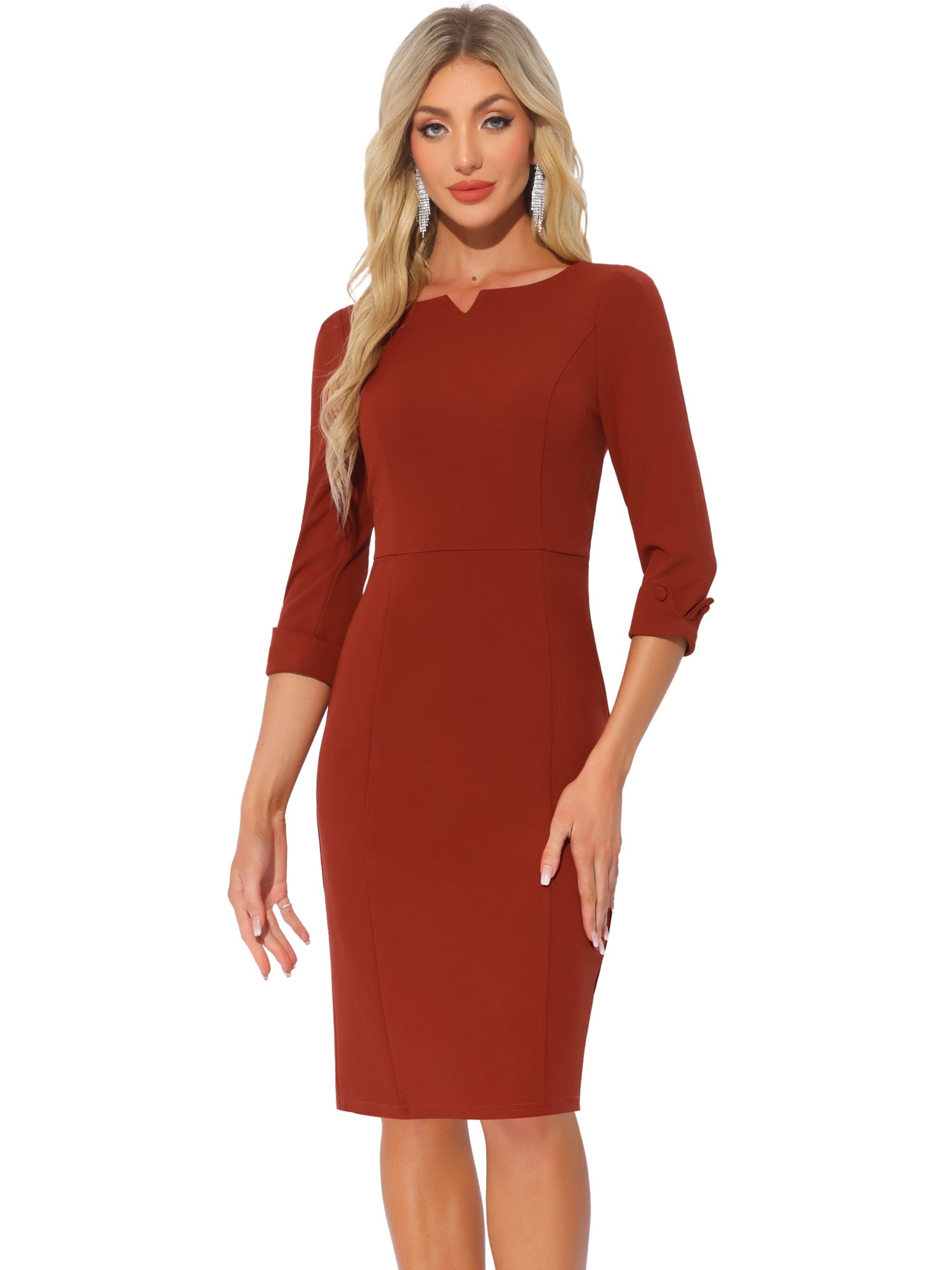 3/4 Sleeve Notch Neck Slim Fit Work Pencil Midi Dress