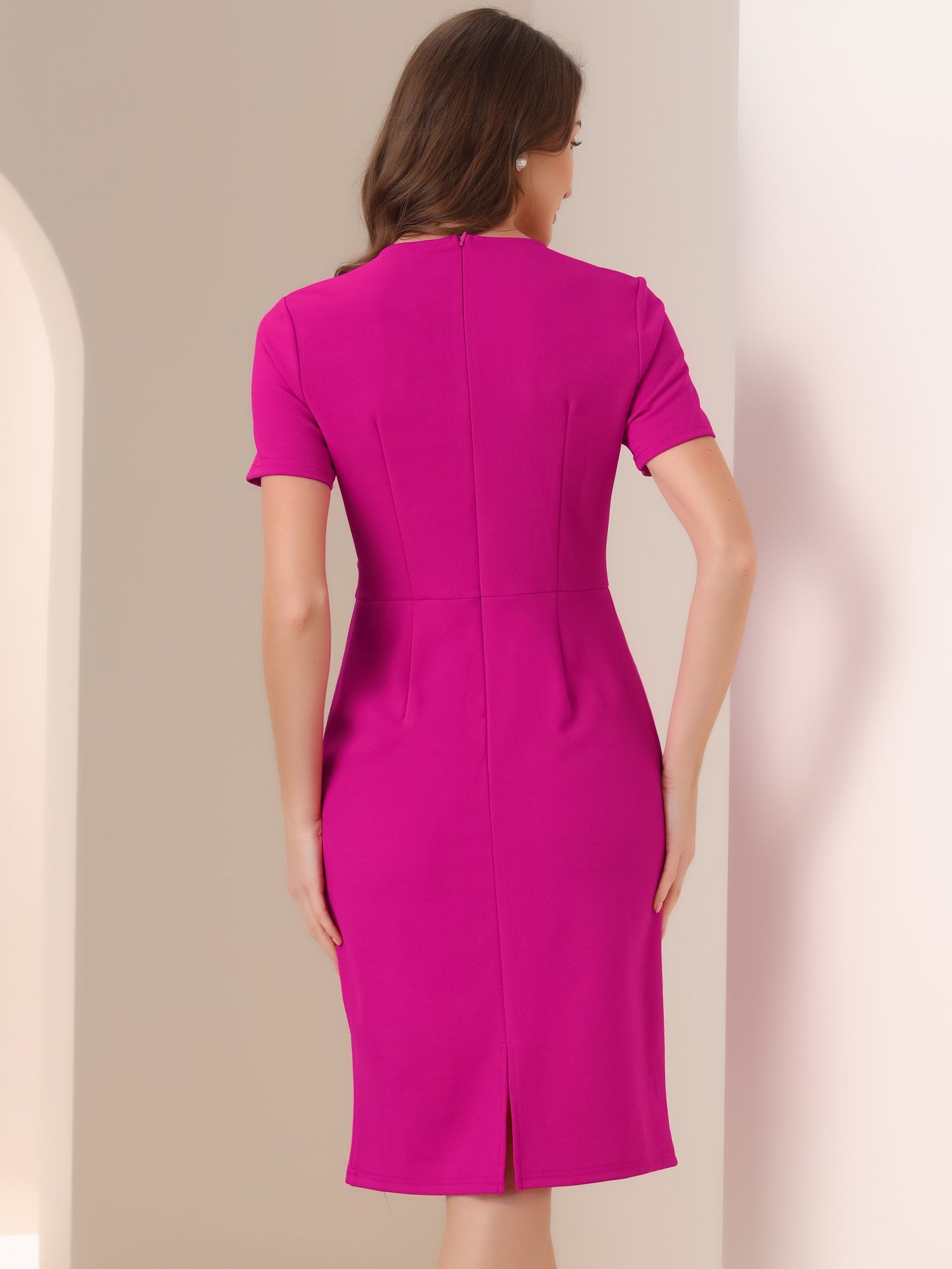 Short Sleeve Button Decor Bodycon Sheath Work Midi Dress
