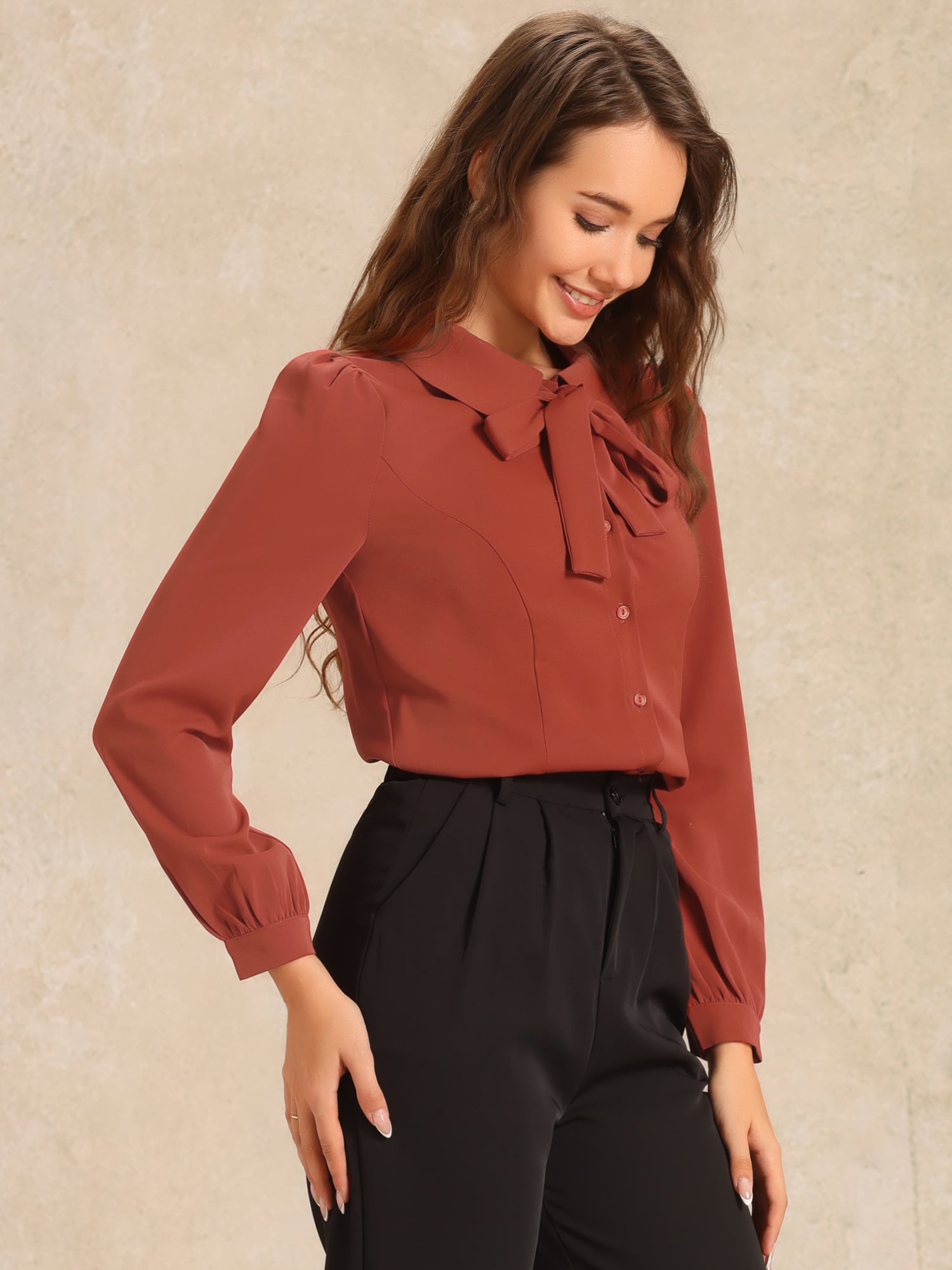 Peter Pan Collar Chiffon Bow Tie Neck Puff Sleeve Button Blouse