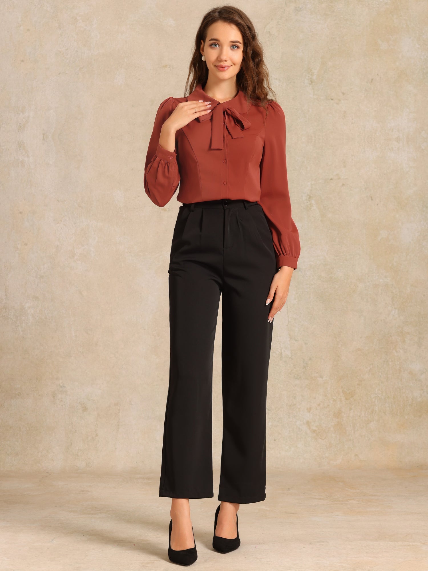 Peter Pan Collar Chiffon Bow Tie Neck Puff Sleeve Button Blouse