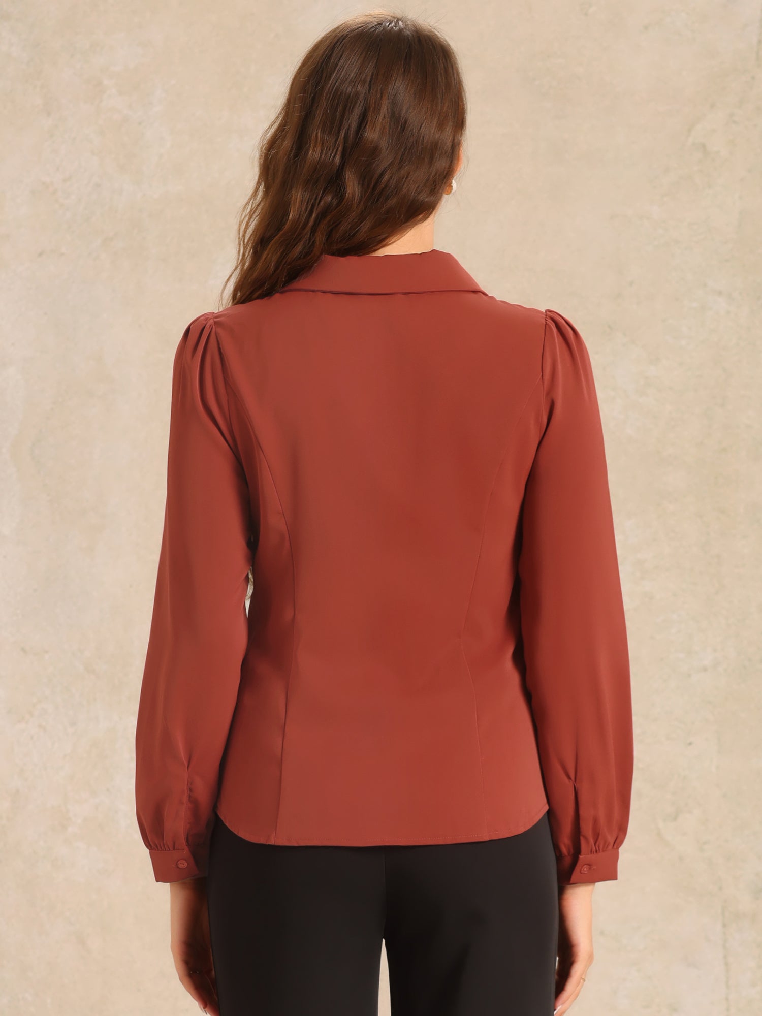 Peter Pan Collar Chiffon Bow Tie Neck Puff Sleeve Button Blouse