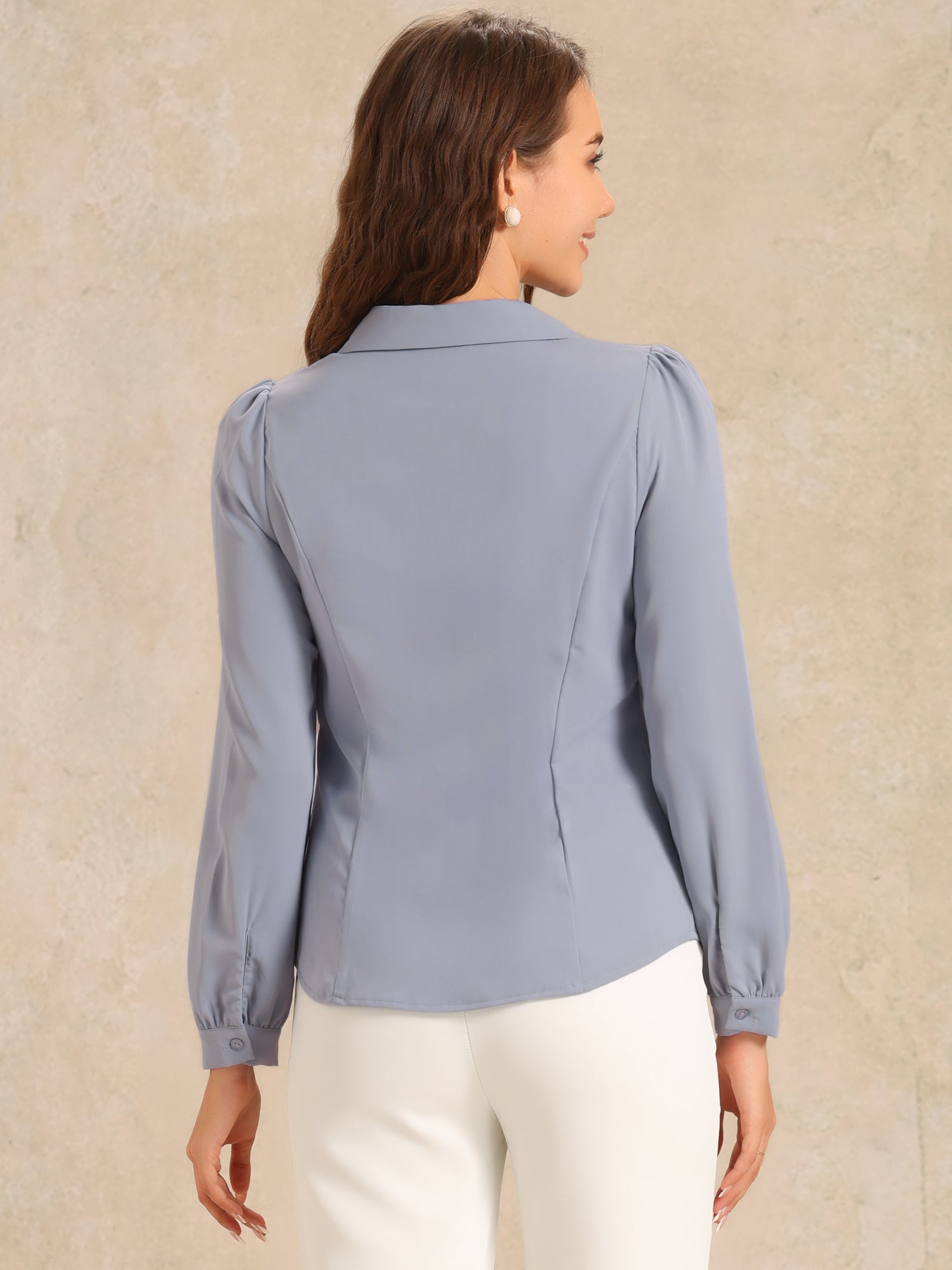 Peter Pan Collar Chiffon Bow Tie Neck Puff Sleeve Button Blouse