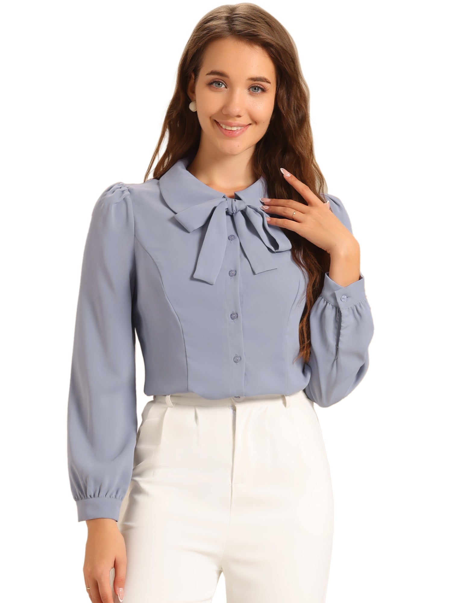 Peter Pan Collar Chiffon Bow Tie Neck Puff Sleeve Button Blouse