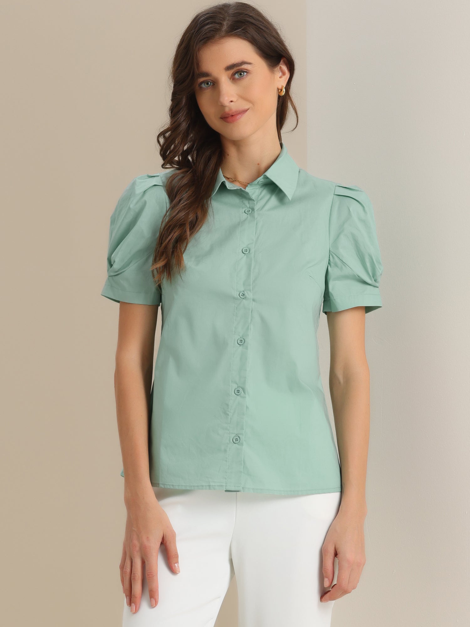 Puff Short Sleeve Turn Down Collared Office Button Down Shirt
