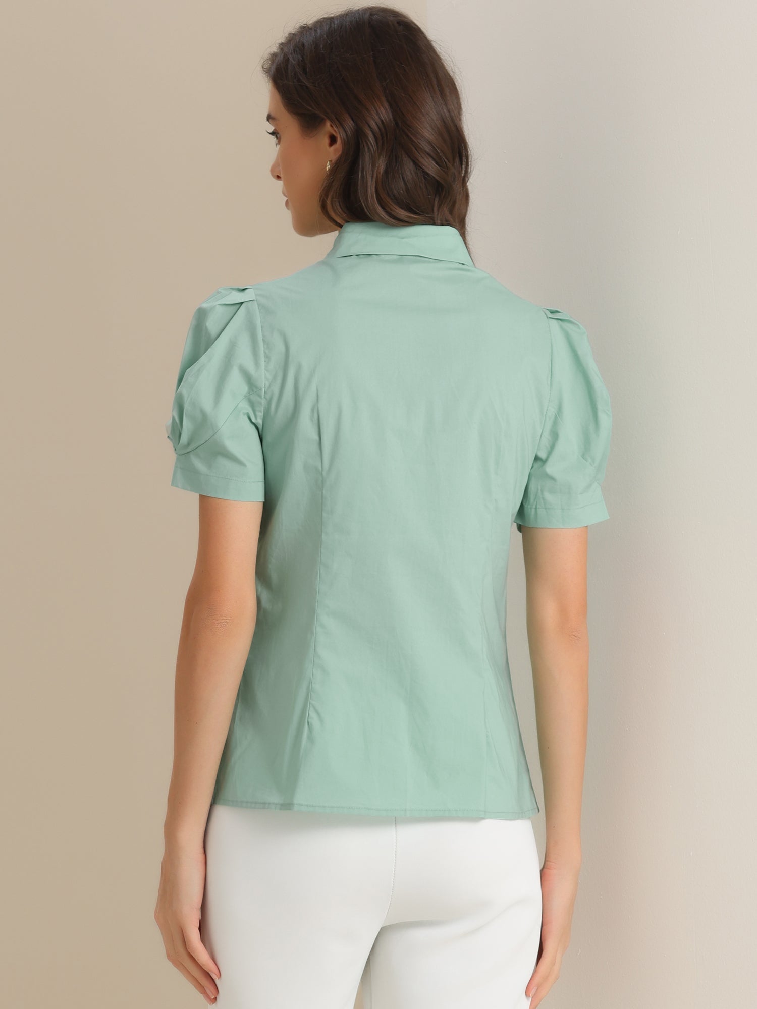 Puff Short Sleeve Turn Down Collared Office Button Down Shirt