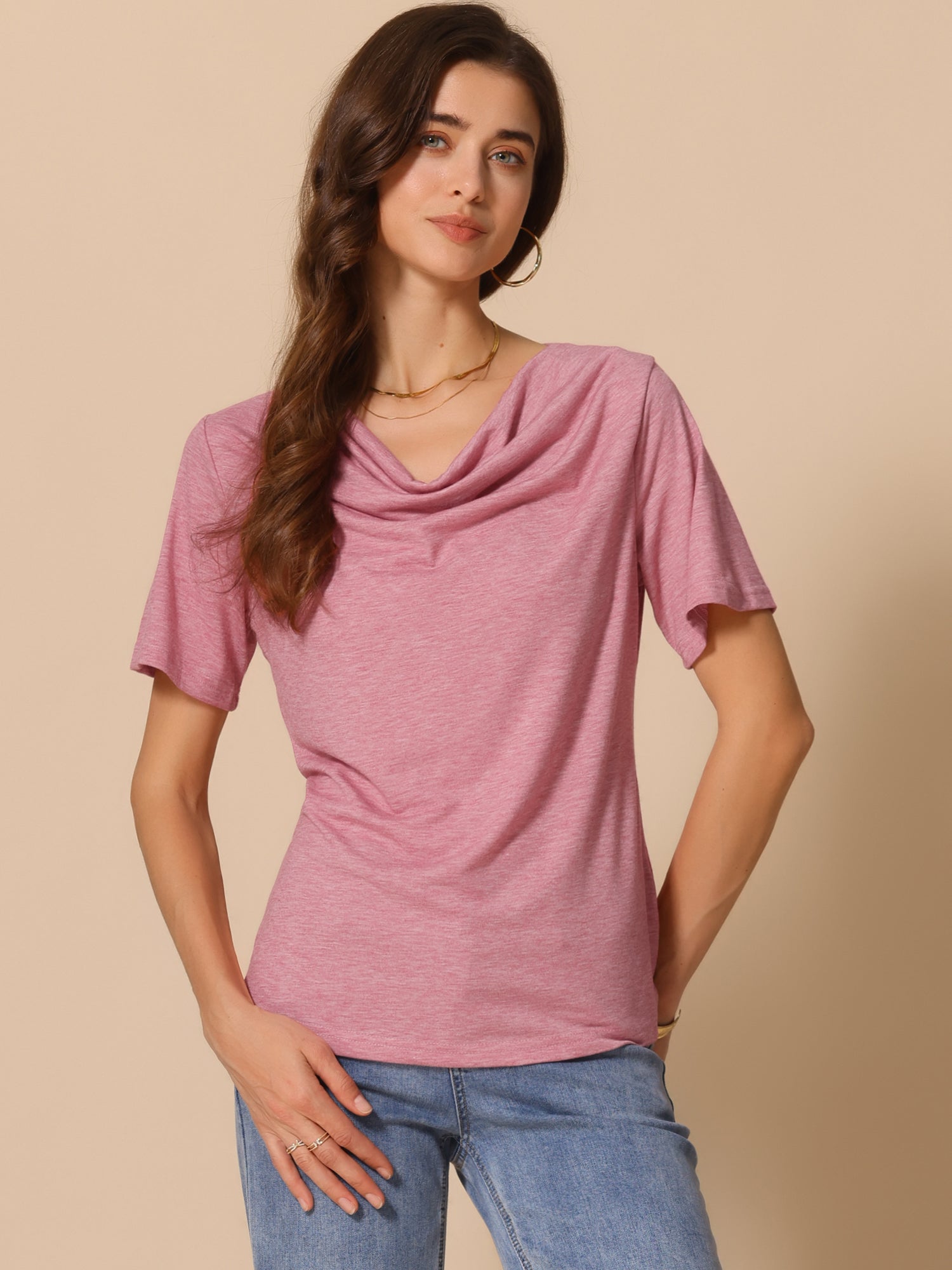 Cowl Neck Short Sleeve Casual Stretchy Blouse